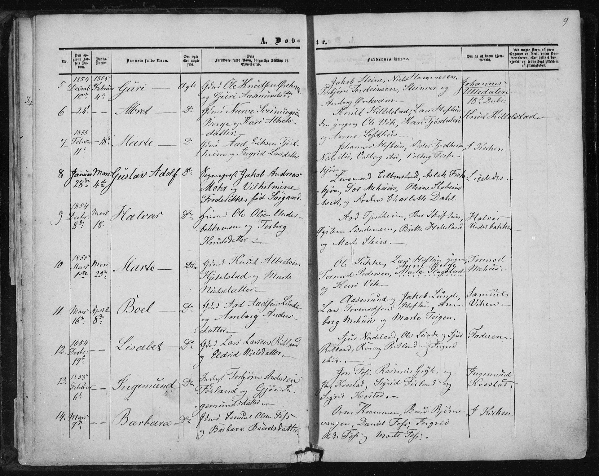 Suldal sokneprestkontor, AV/SAST-A-101845/01/IV/L0009: Parish register (official) no. A 9, 1854-1868, p. 9