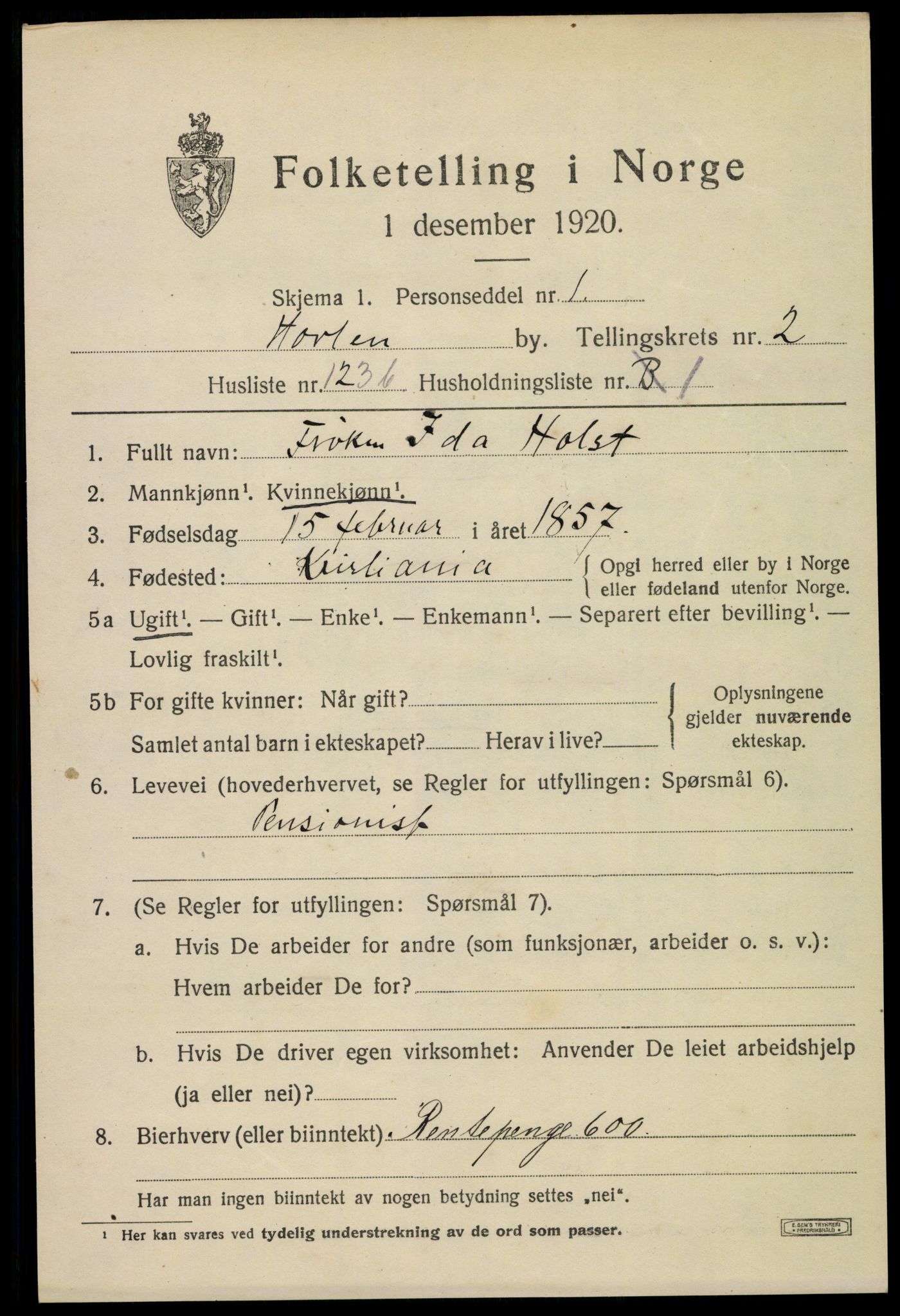 SAKO, 1920 census for Horten, 1920, p. 12065