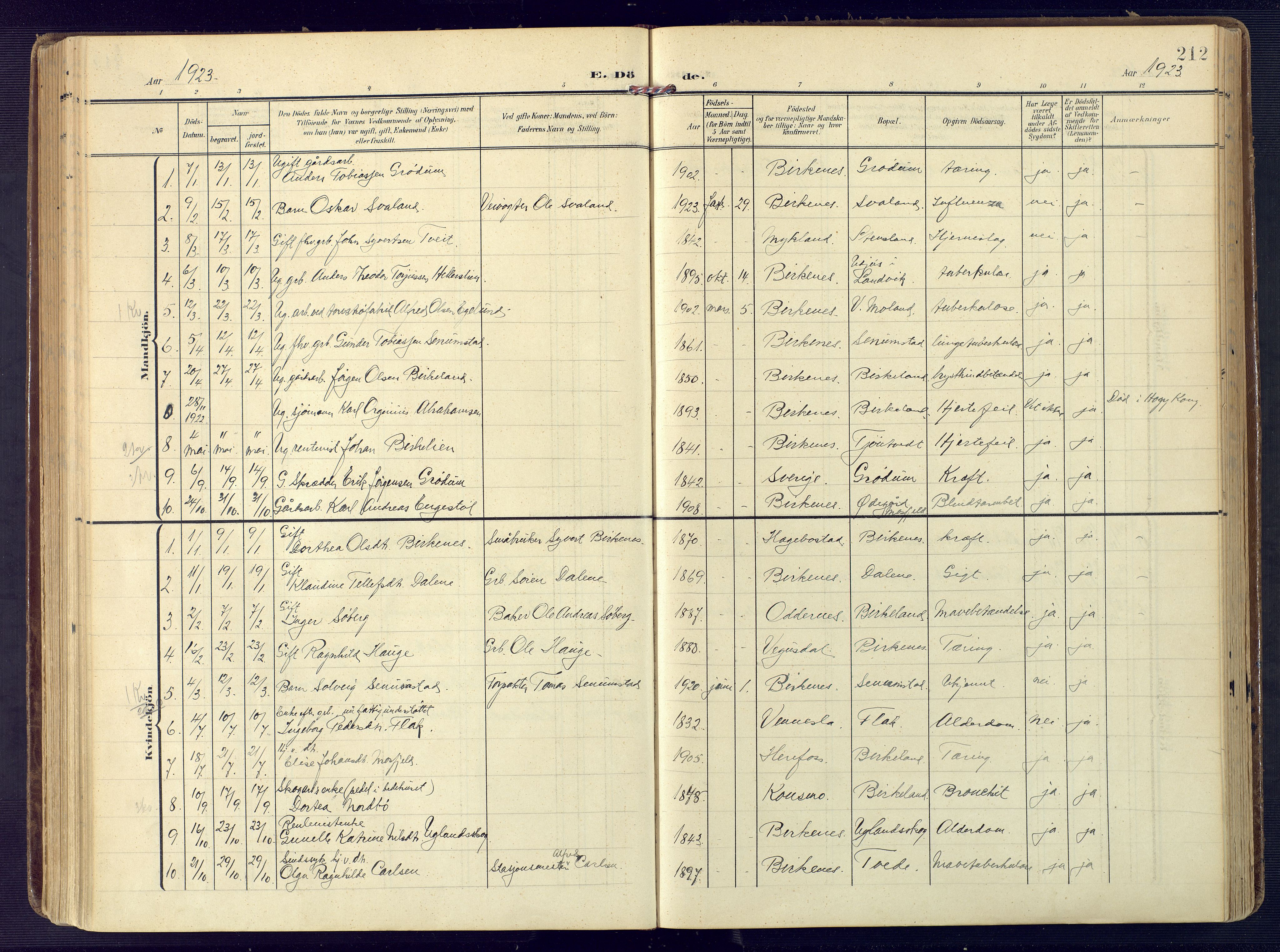 Birkenes sokneprestkontor, SAK/1111-0004/F/Fa/L0006: Parish register (official) no. A 6, 1908-1932, p. 212