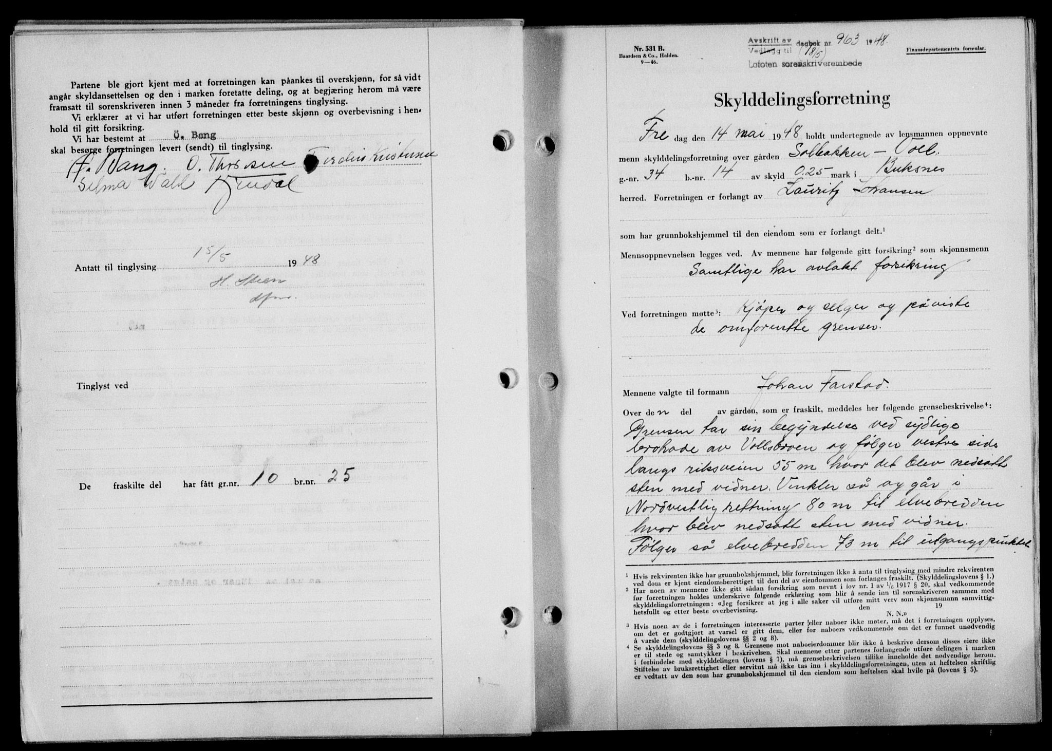 Lofoten sorenskriveri, SAT/A-0017/1/2/2C/L0018a: Mortgage book no. 18a, 1948-1948, Diary no: : 963/1948