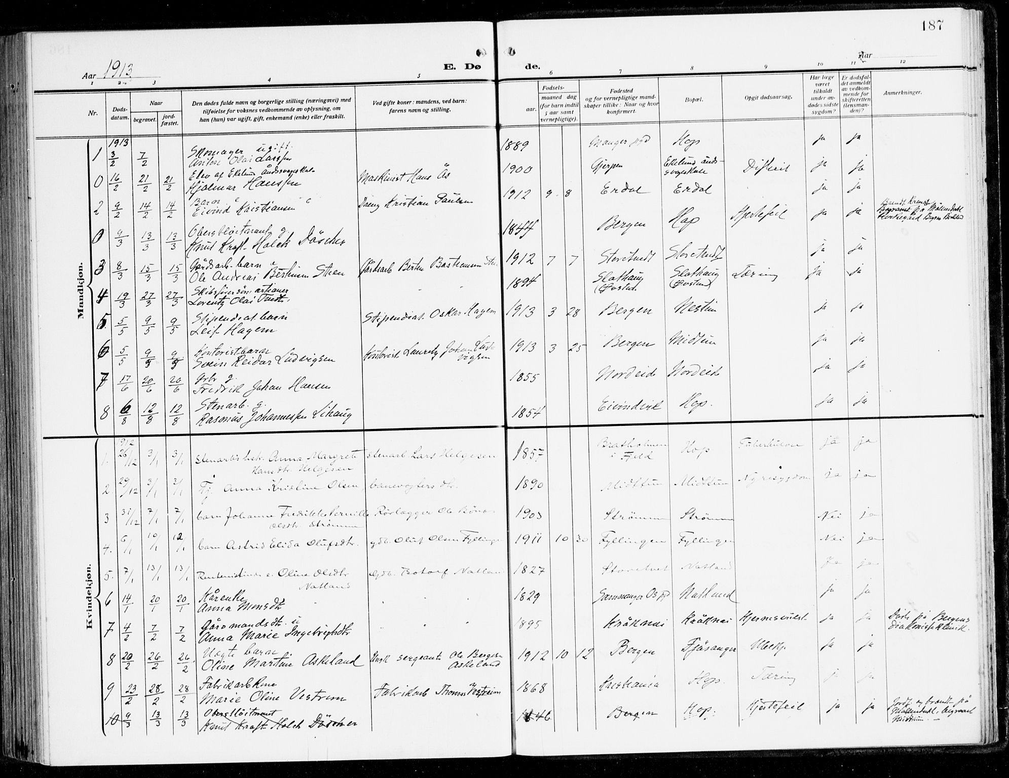 Fana Sokneprestembete, AV/SAB-A-75101/H/Haa/Haai/L0004: Parish register (official) no. I 4, 1912-1933, p. 187