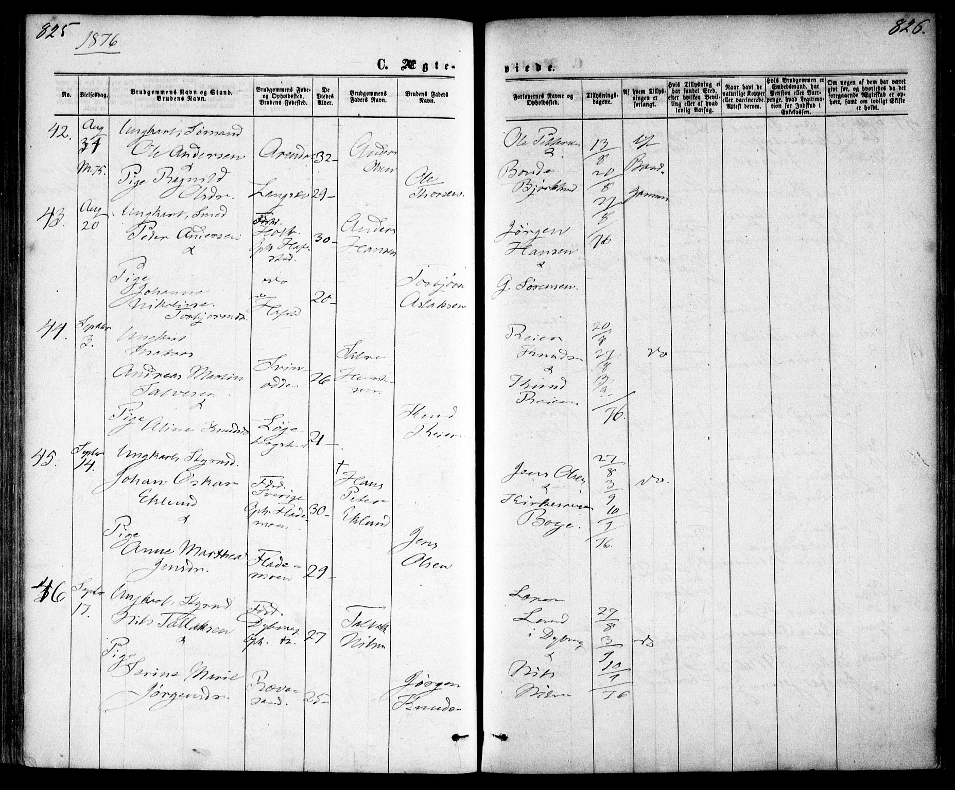 Tromøy sokneprestkontor, AV/SAK-1111-0041/F/Fa/L0008: Parish register (official) no. A 8, 1870-1877, p. 825-826