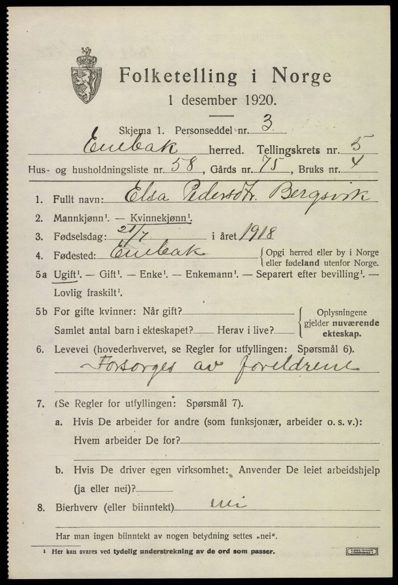 SAO, 1920 census for Enebakk, 1920, p. 4709