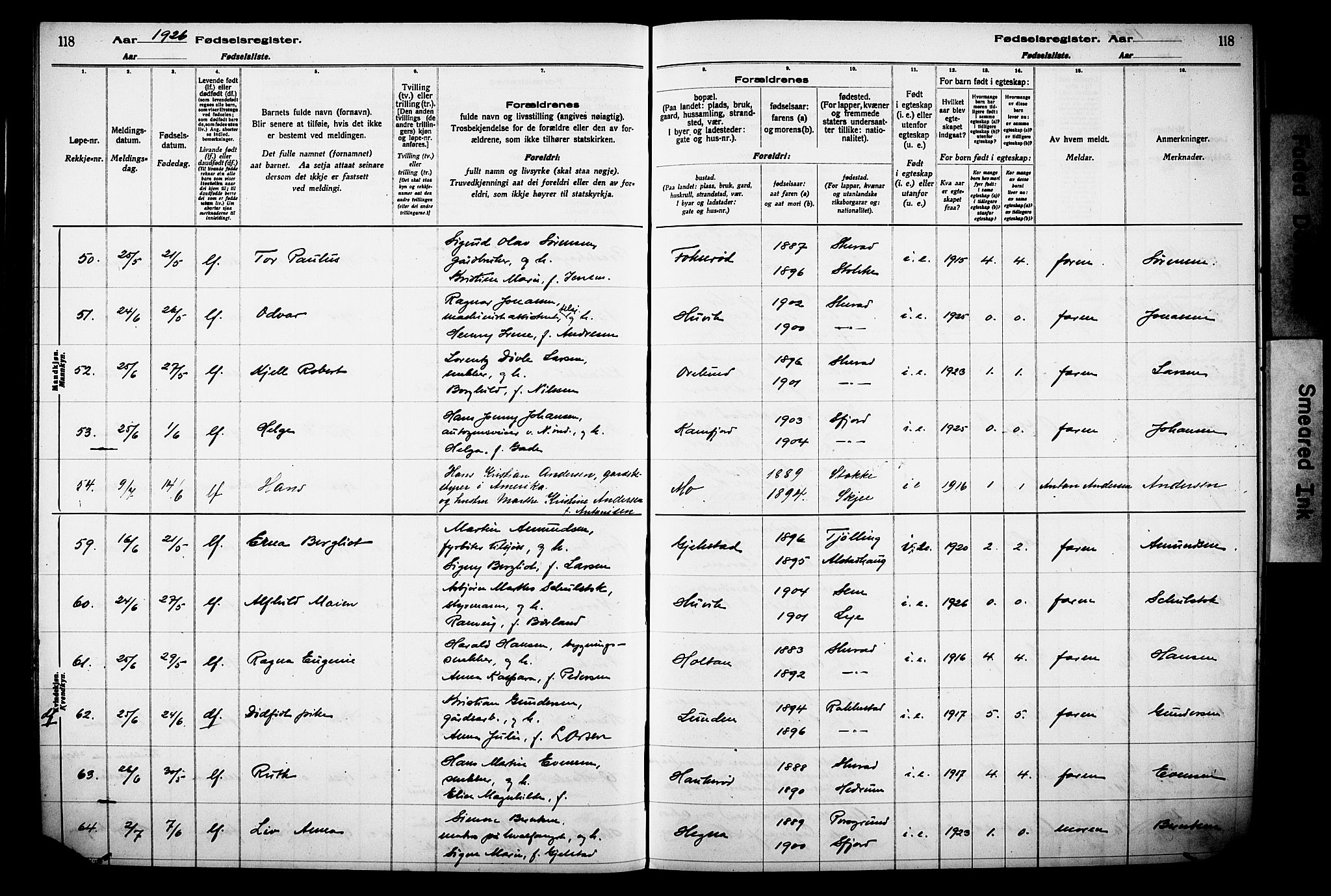 Sandar kirkebøker, AV/SAKO-A-243/J/Ja/L0002: Birth register no. 2, 1922-1929, p. 118