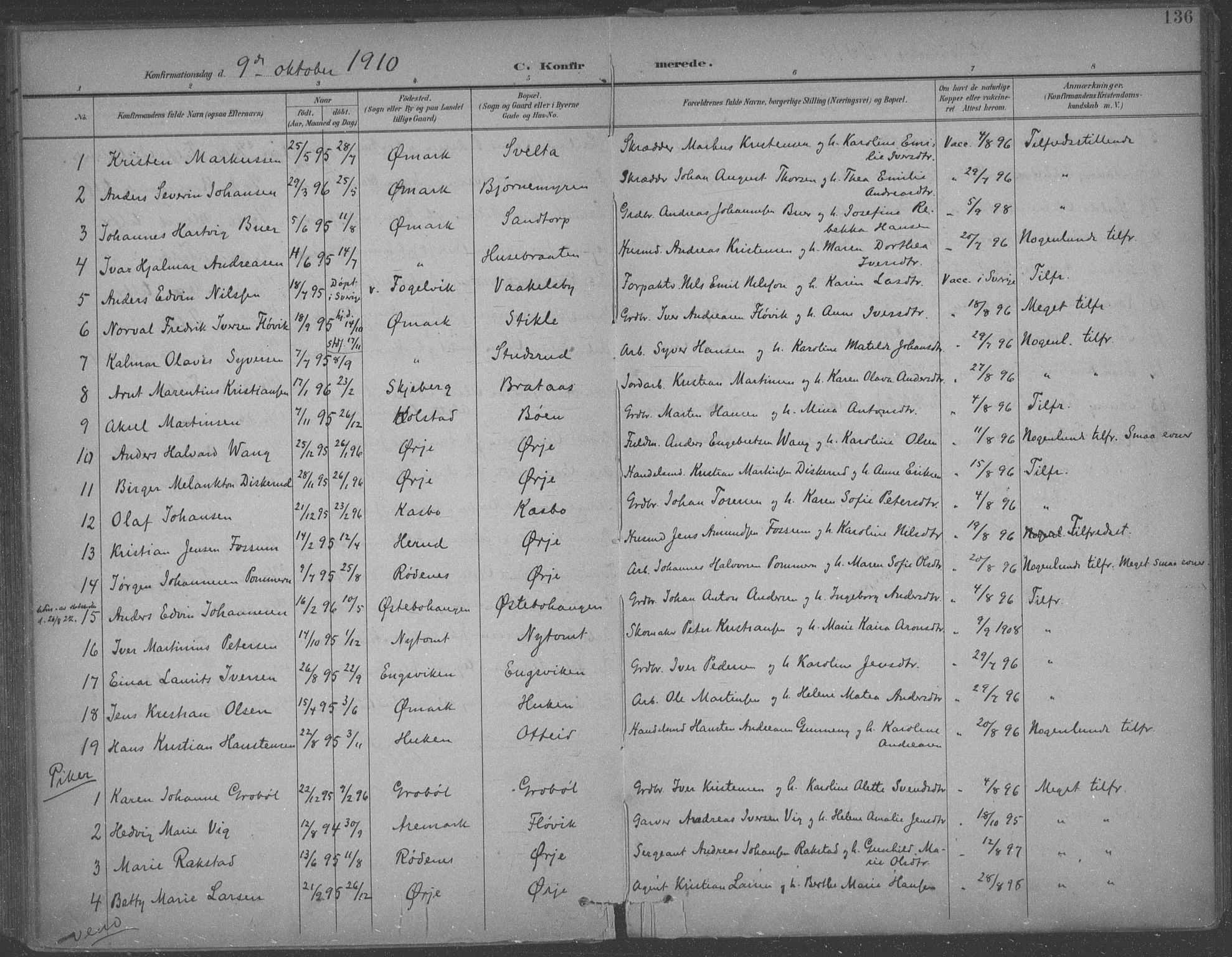 Aremark prestekontor Kirkebøker, SAO/A-10899/F/Fb/L0005: Parish register (official) no. II 5, 1895-1919, p. 136