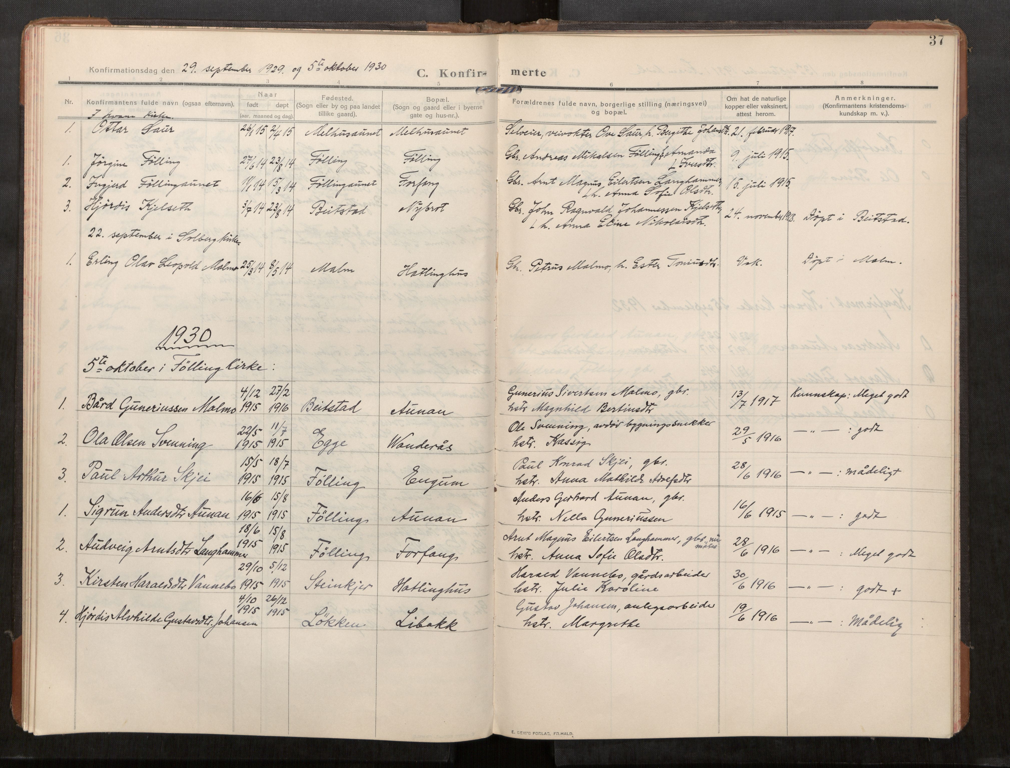 Stod sokneprestkontor, AV/SAT-A-1164/1/I/I1/I1a/L0003: Parish register (official) no. 3, 1909-1934, p. 37