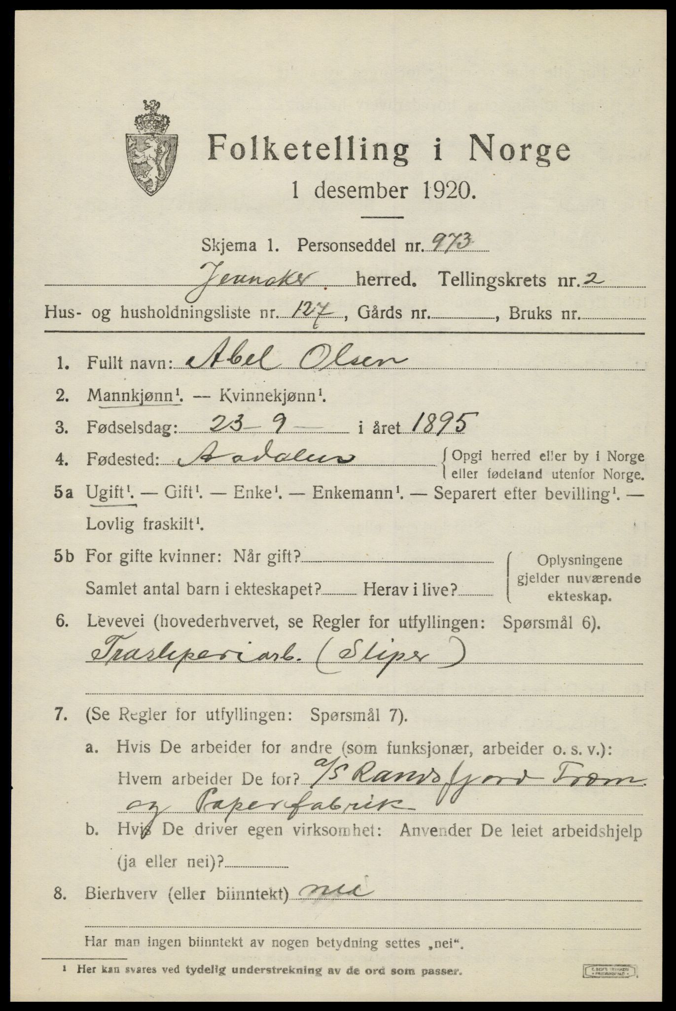 SAH, 1920 census for Jevnaker, 1920, p. 3345