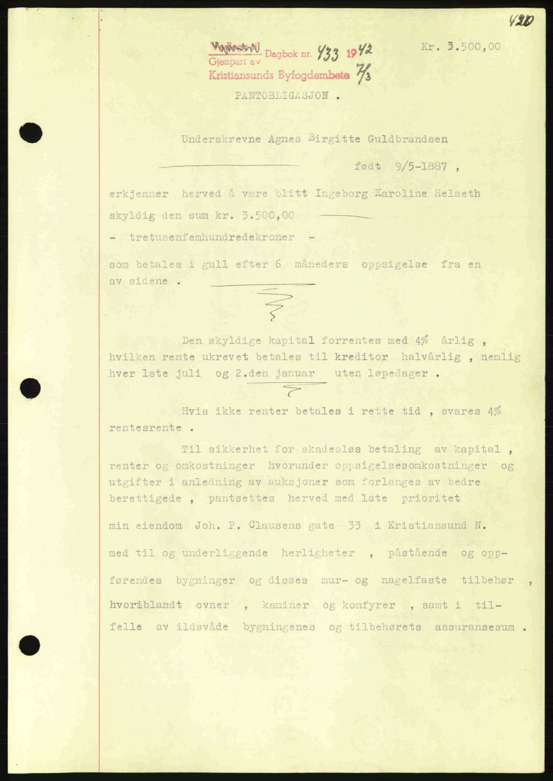 Kristiansund byfogd, AV/SAT-A-4587/A/27: Mortgage book no. 35, 1941-1942, Diary no: : 433/1942