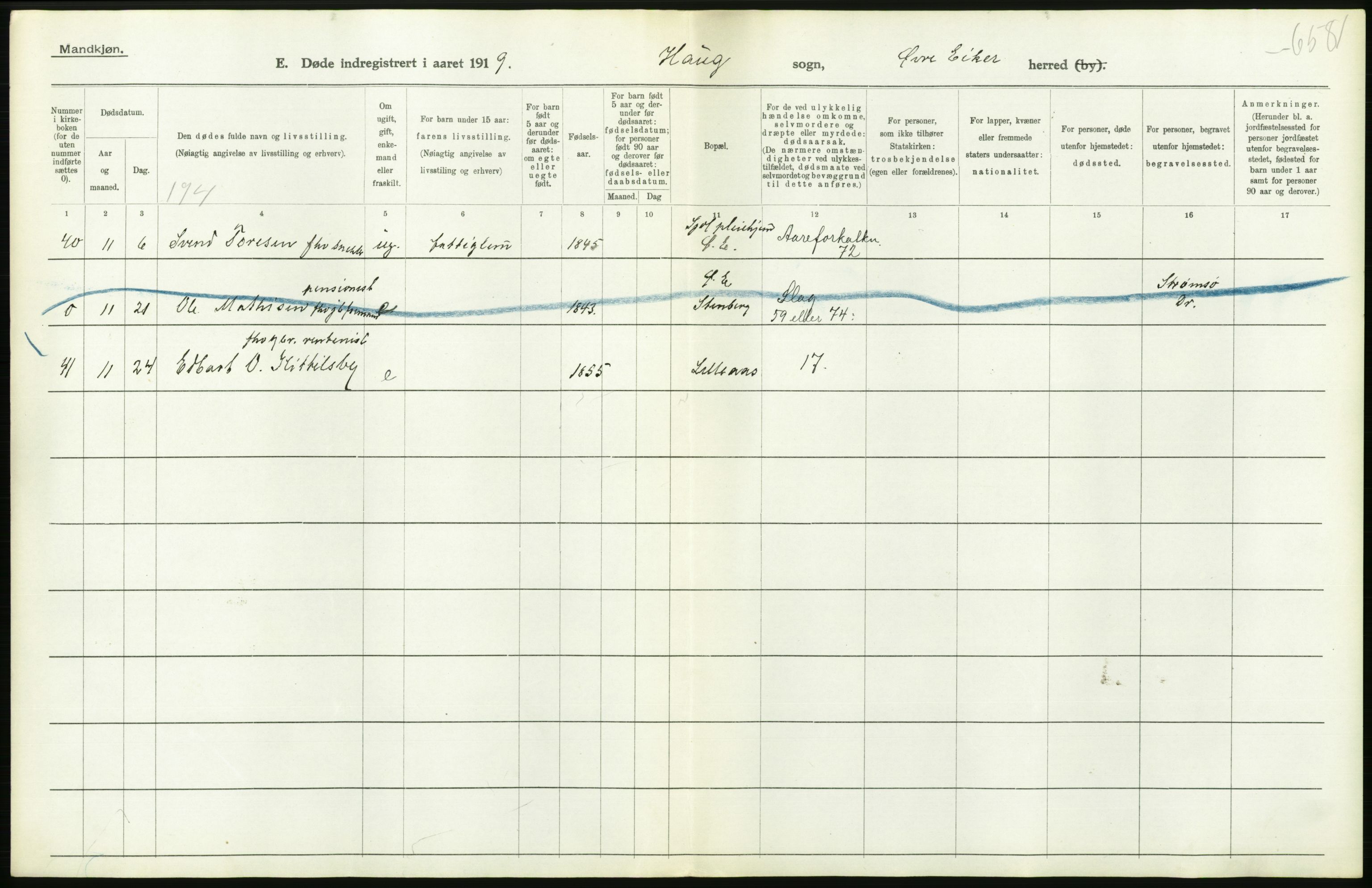 Statistisk sentralbyrå, Sosiodemografiske emner, Befolkning, AV/RA-S-2228/D/Df/Dfb/Dfbi/L0018: Buskerud fylke: Døde. Bygder og byer., 1919, p. 264