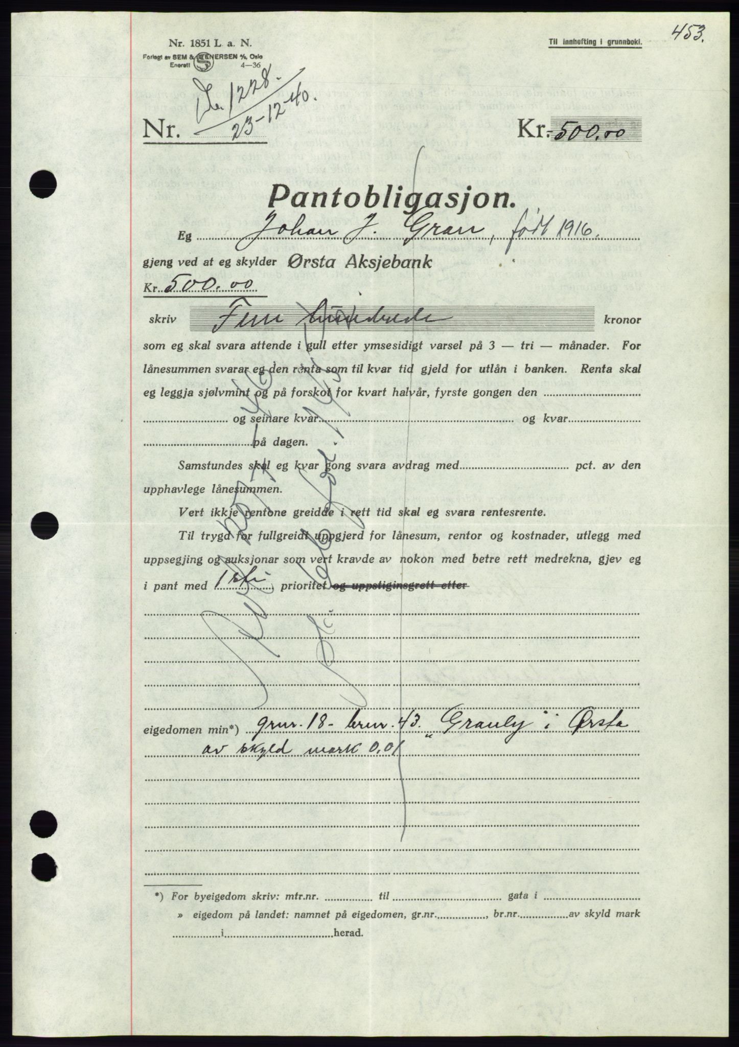 Søre Sunnmøre sorenskriveri, AV/SAT-A-4122/1/2/2C/L0070: Mortgage book no. 64, 1940-1941, Diary no: : 1228/1940