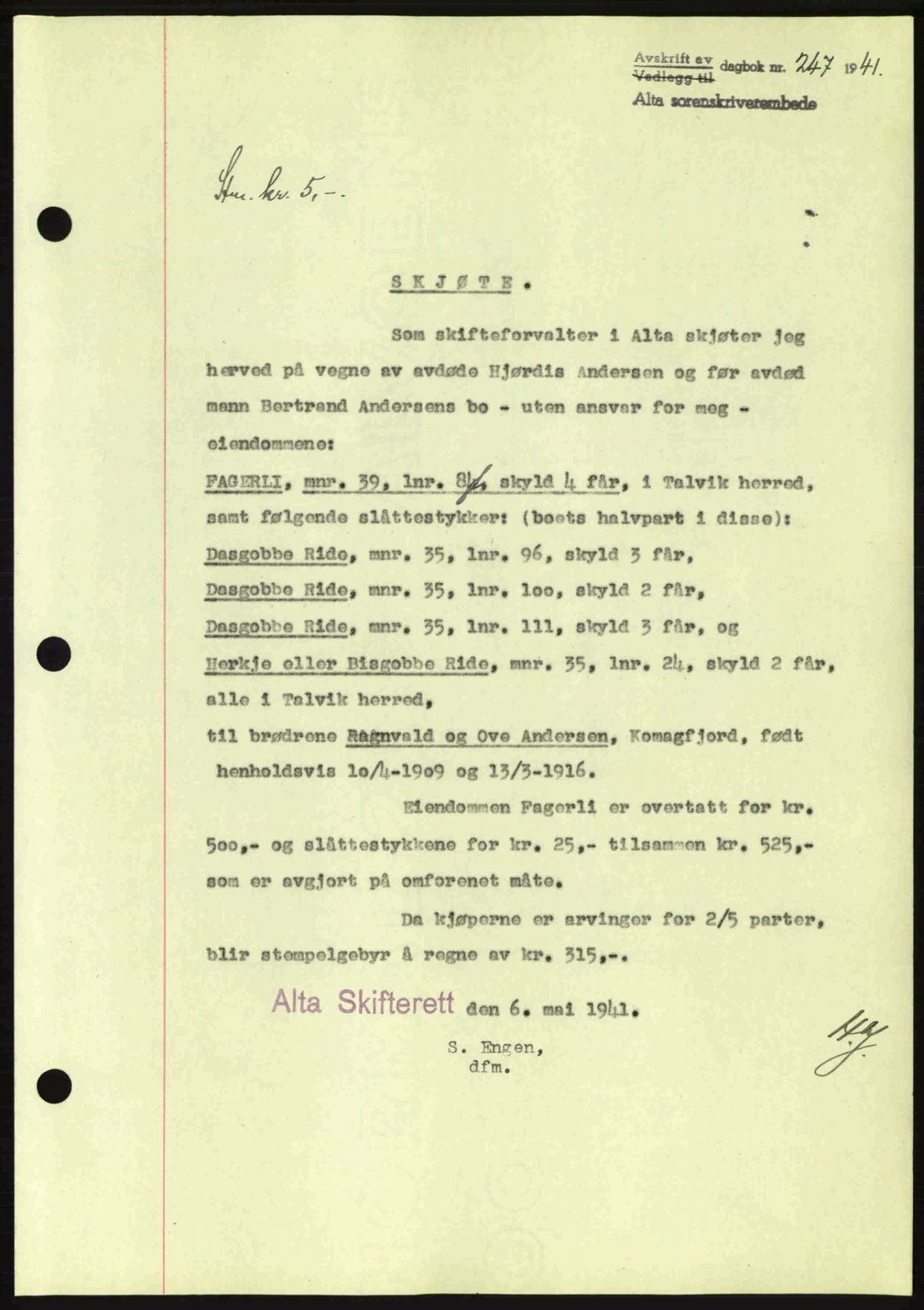 Alta fogderi/sorenskriveri, SATØ/SATØ-5/1/K/Kd/L0033pantebok: Mortgage book no. 33, 1940-1943, Diary no: : 247/1941
