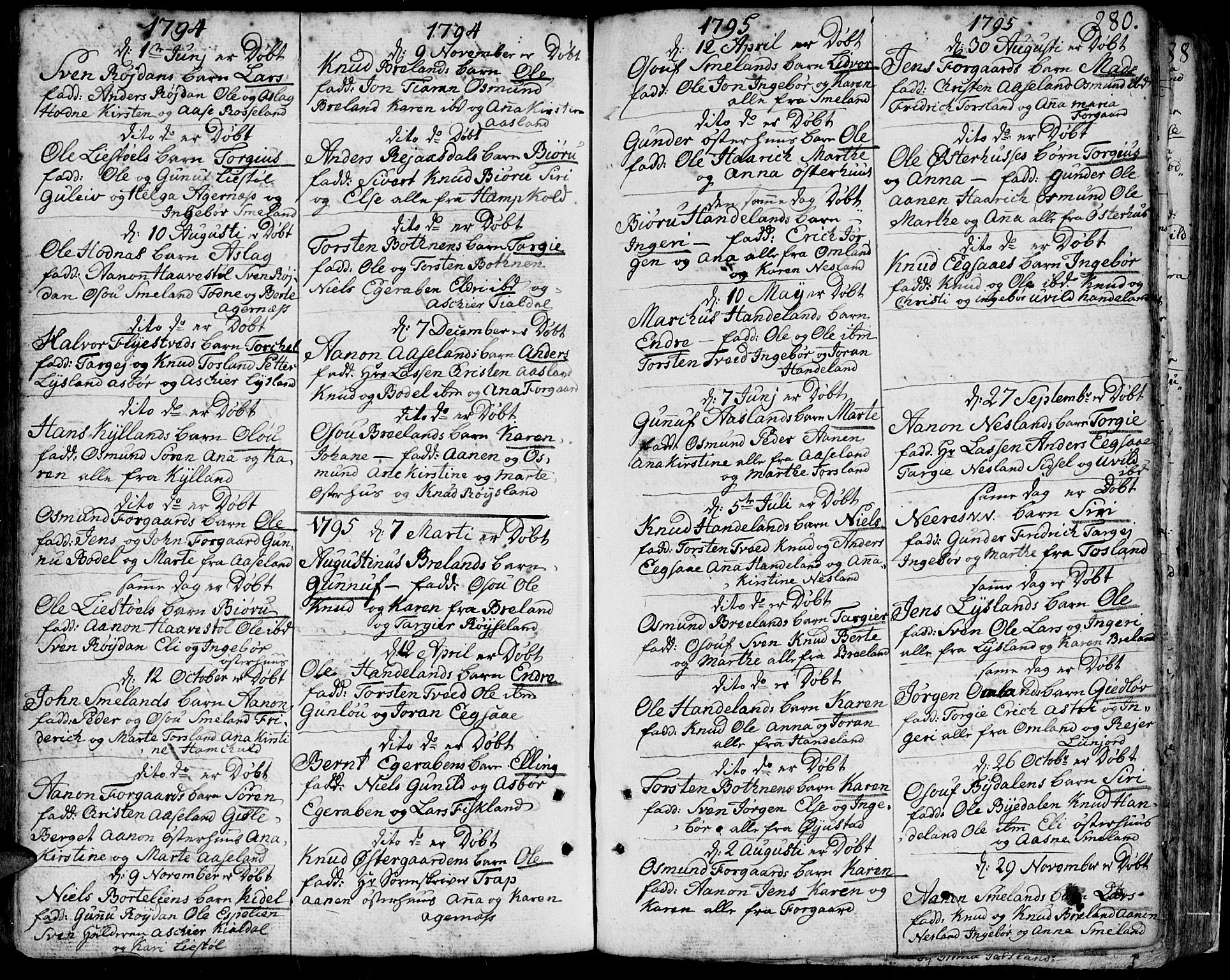Bjelland sokneprestkontor, AV/SAK-1111-0005/F/Fa/Faa/L0001: Parish register (official) no. A 1 /4, 1793-1815, p. 280