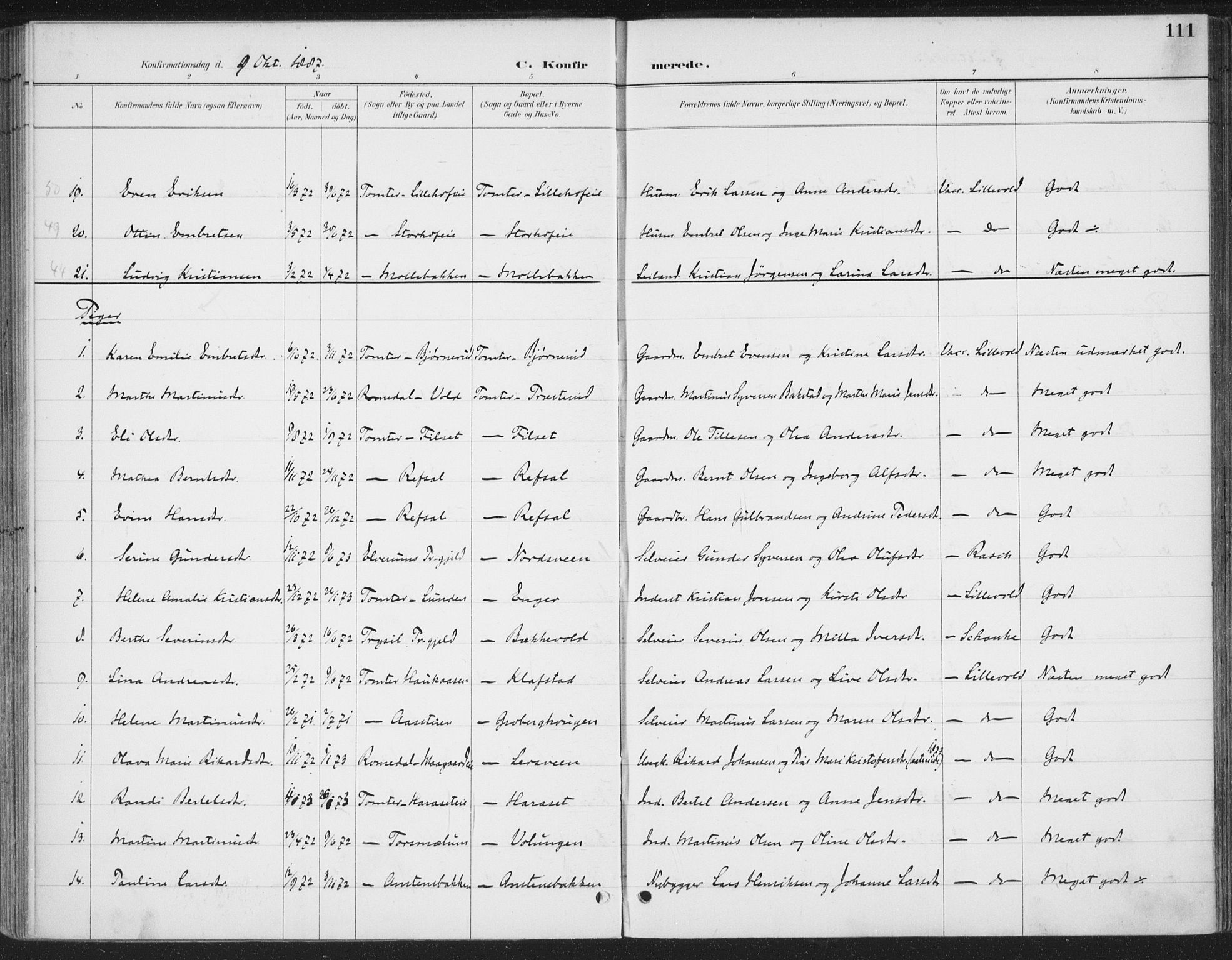 Romedal prestekontor, SAH/PREST-004/K/L0008: Parish register (official) no. 8, 1887-1905, p. 111