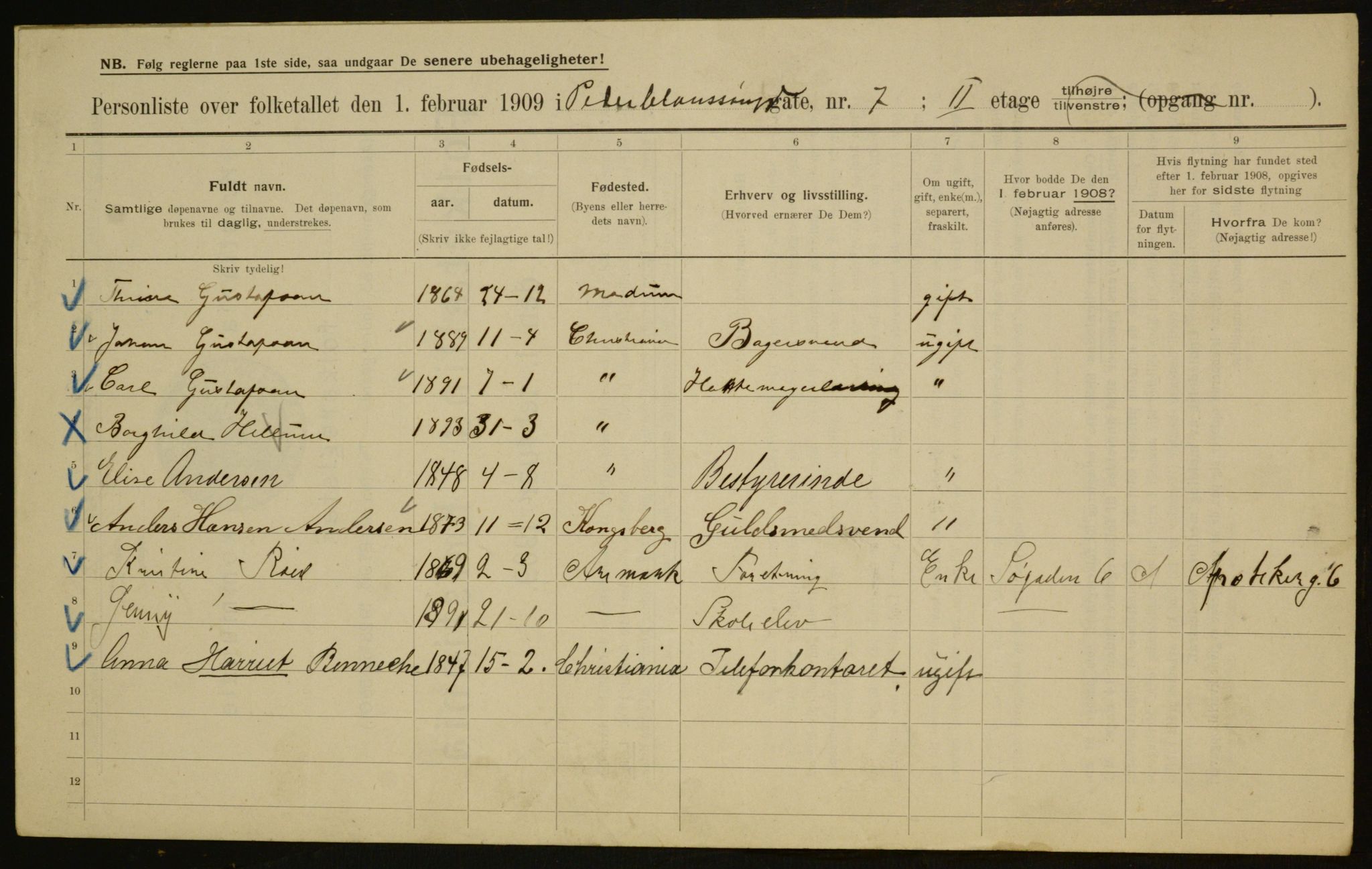 OBA, Municipal Census 1909 for Kristiania, 1909, p. 71375