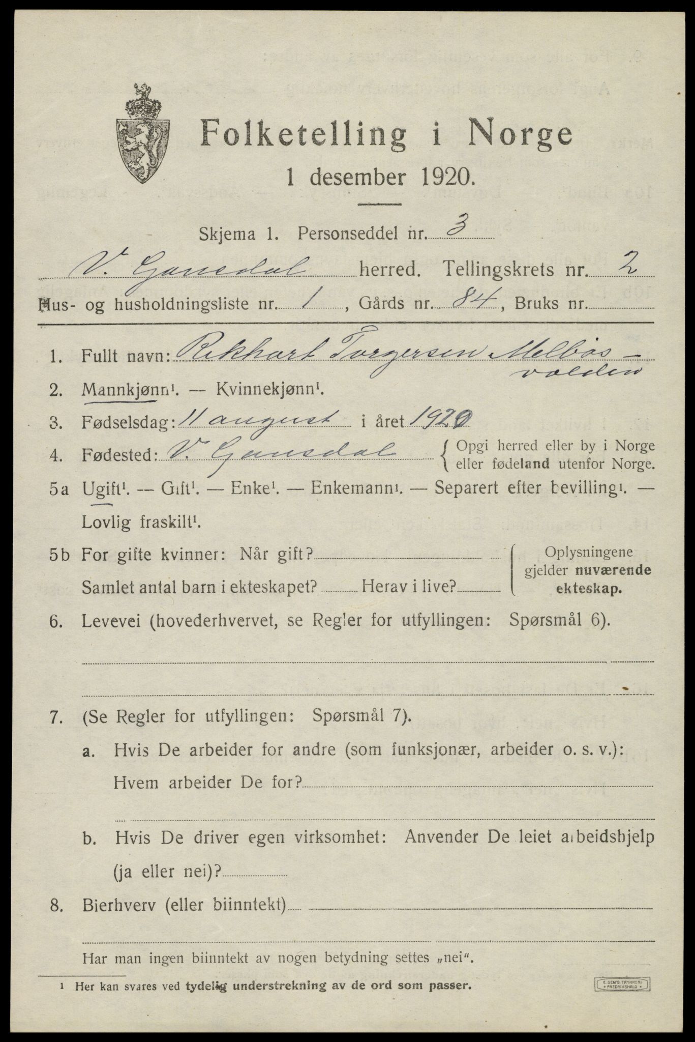 SAH, 1920 census for Vestre Gausdal, 1920, p. 1743