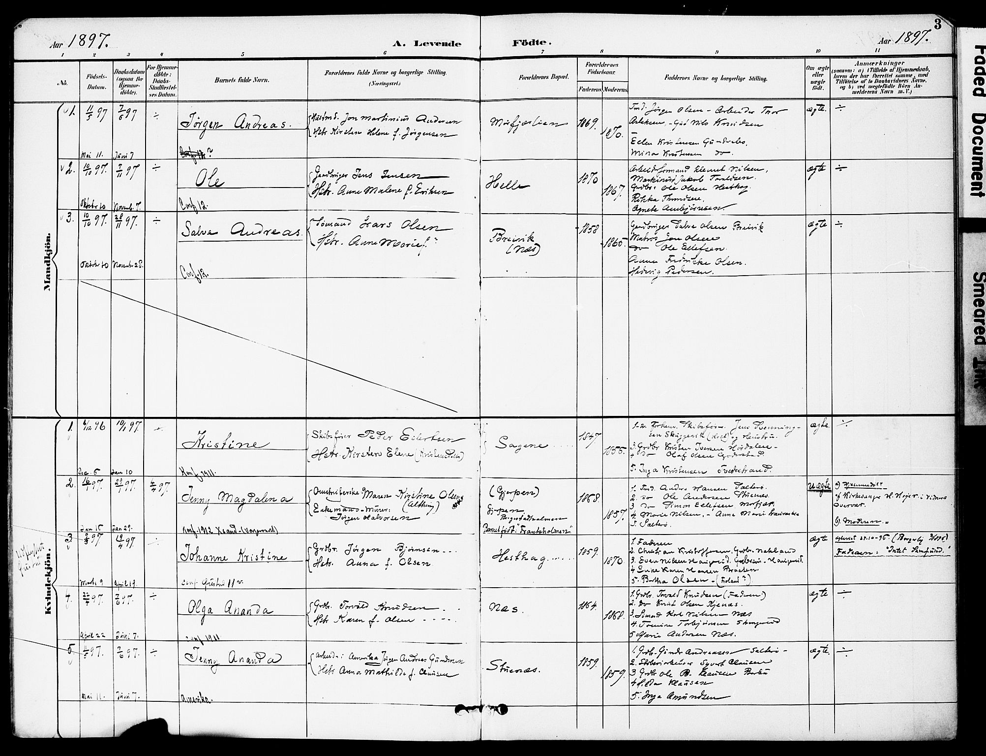 Austre Moland sokneprestkontor, SAK/1111-0001/F/Fa/Fab/L0002: Parish register (official) no. A 2, 1894-1919, p. 3