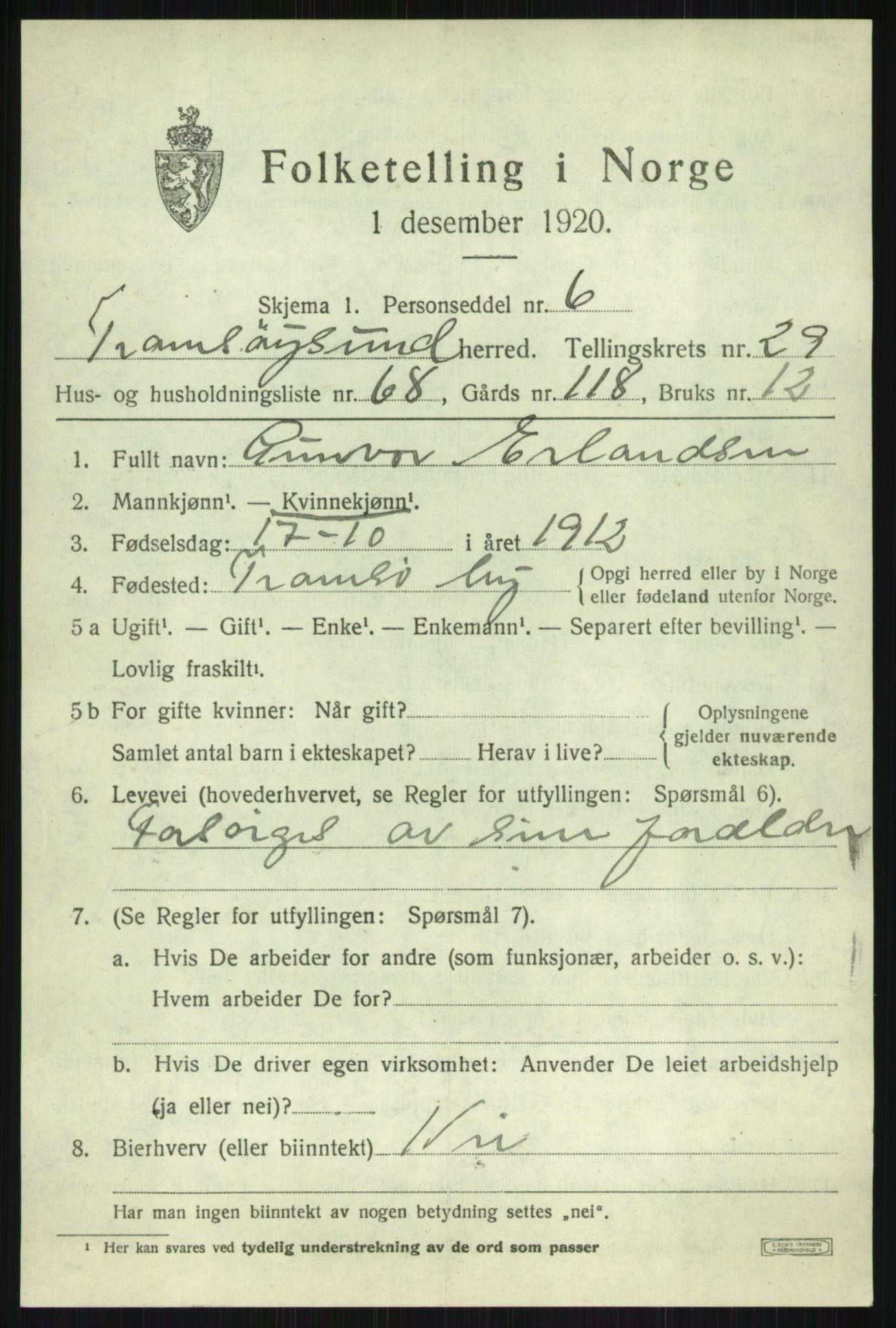 SATØ, 1920 census for Tromsøysund, 1920, p. 14212