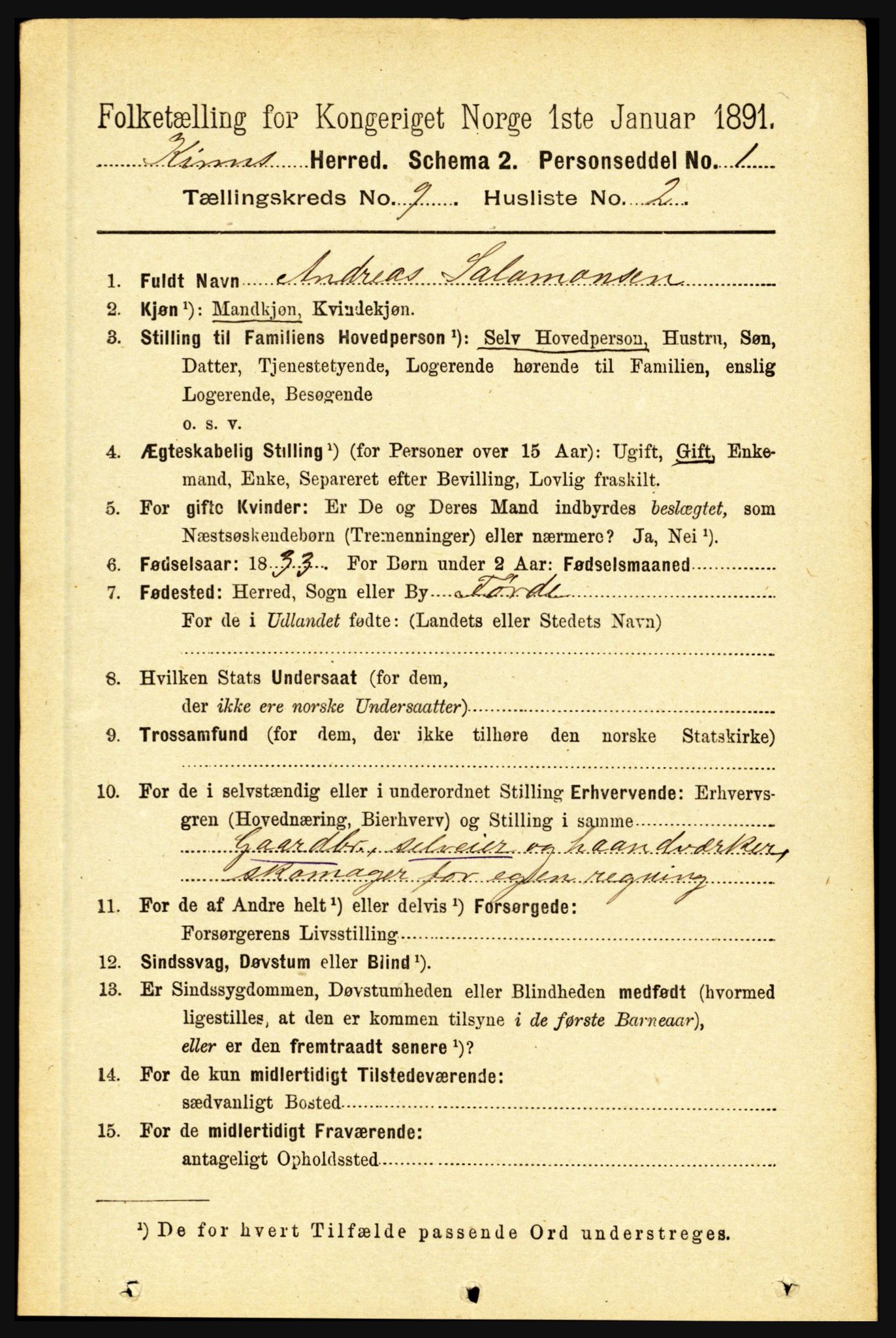 RA, 1891 census for 1437 Kinn, 1891, p. 3464