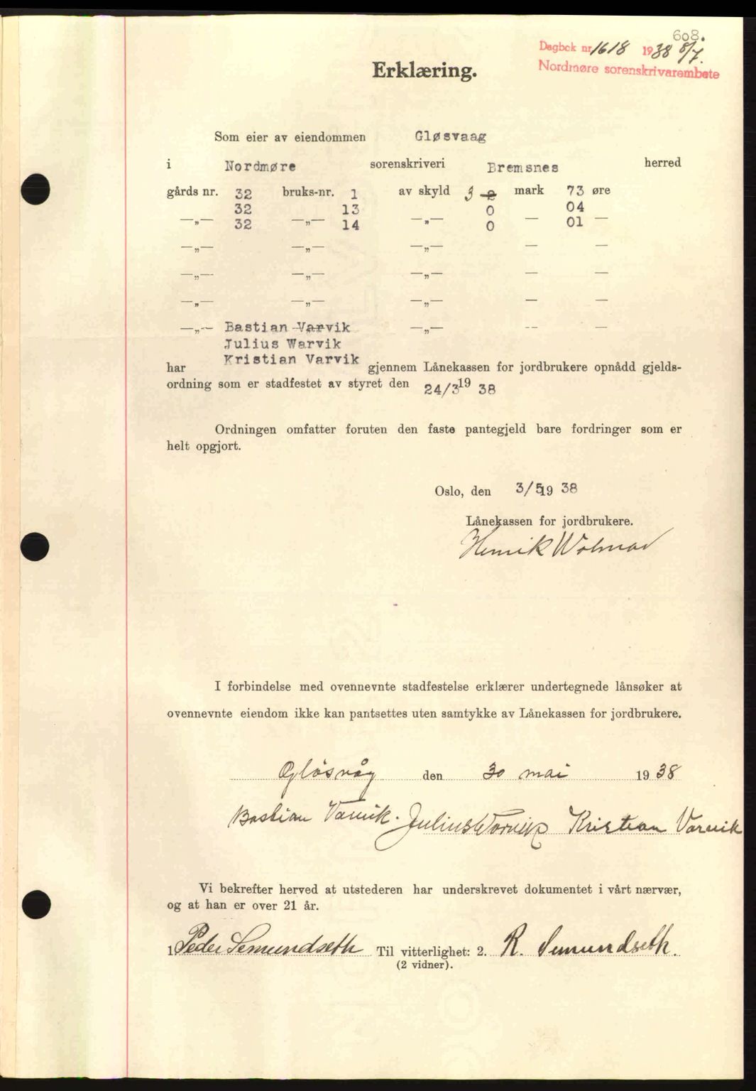 Nordmøre sorenskriveri, AV/SAT-A-4132/1/2/2Ca: Mortgage book no. B83, 1938-1938, Diary no: : 1618/1938