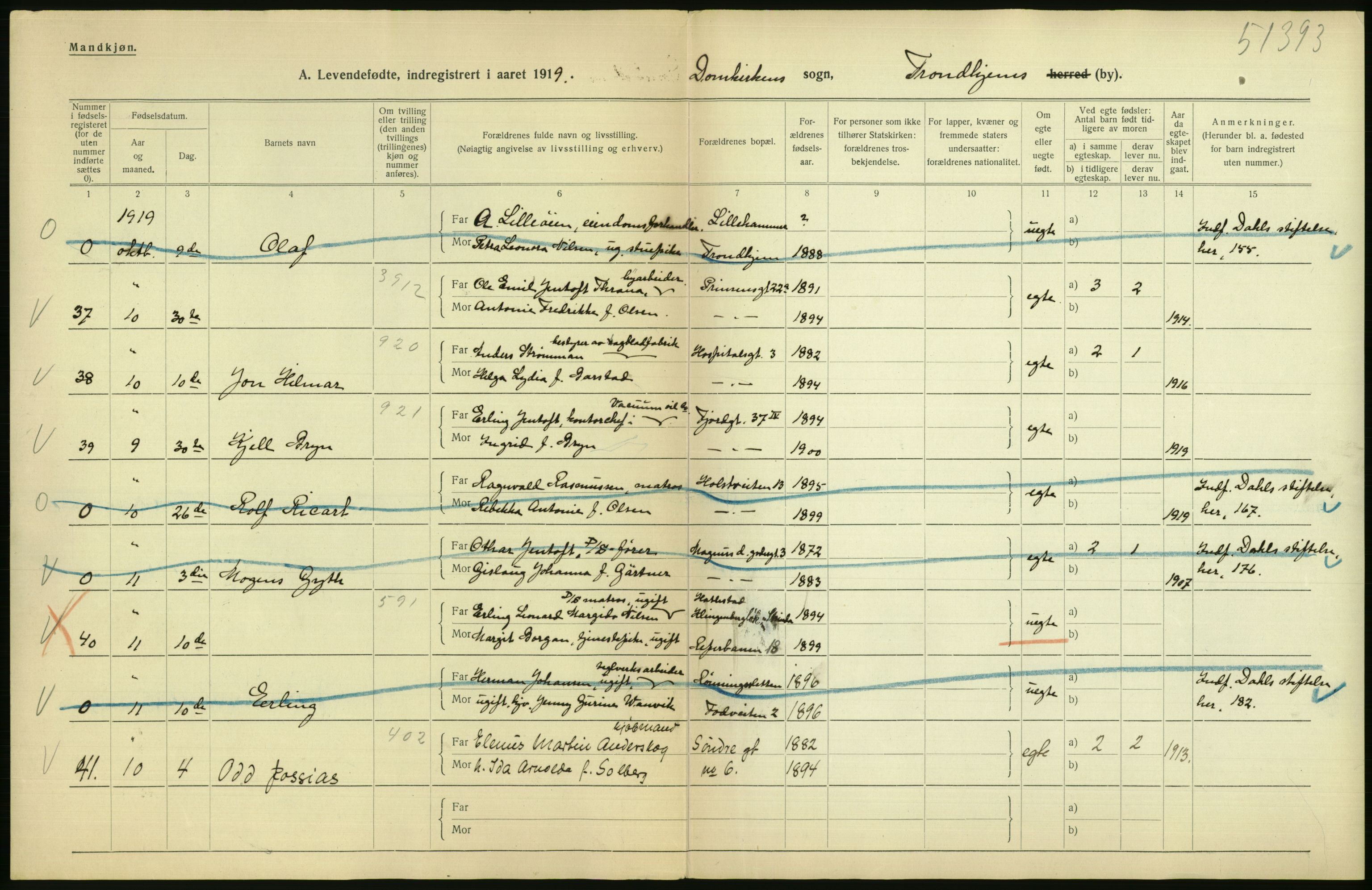 Statistisk sentralbyrå, Sosiodemografiske emner, Befolkning, AV/RA-S-2228/D/Df/Dfb/Dfbi/L0045: Trondhjem: Levendefødte menn og kvinner., 1919