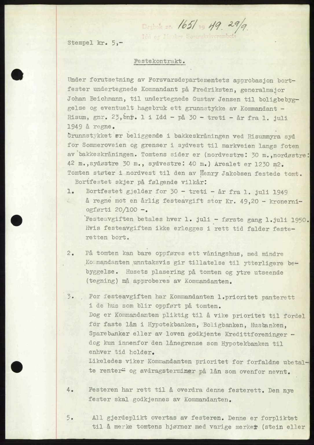 Idd og Marker sorenskriveri, AV/SAO-A-10283/G/Gb/Gbb/L0012: Mortgage book no. A12, 1949-1949, Diary no: : 1651/1949