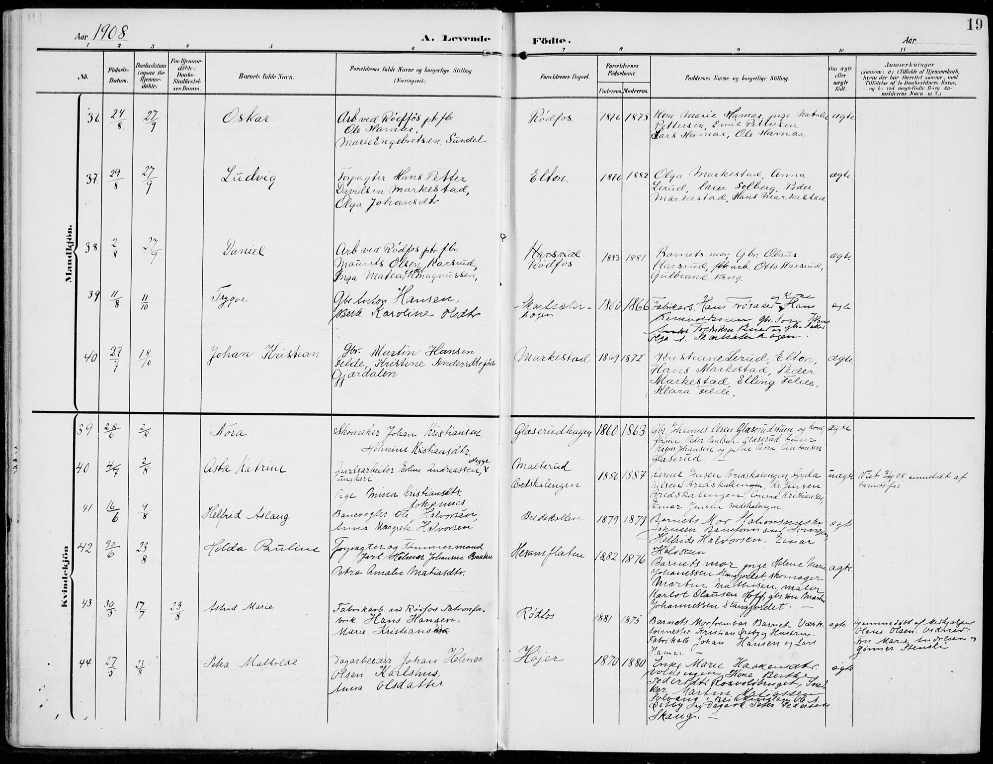 Vestre Toten prestekontor, SAH/PREST-108/H/Ha/Haa/L0014: Parish register (official) no. 14, 1907-1920, p. 19