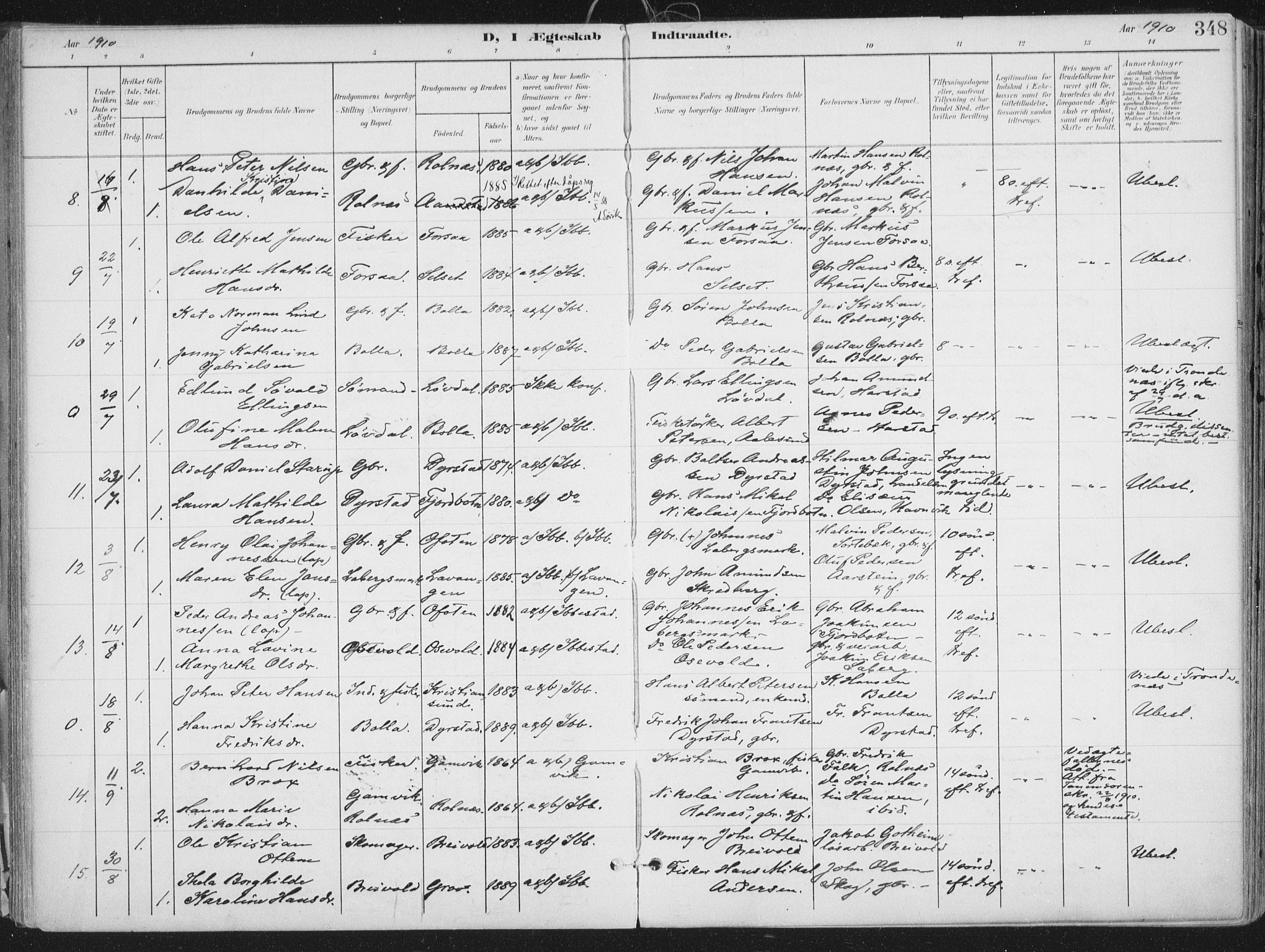 Ibestad sokneprestembete, SATØ/S-0077/H/Ha/Haa/L0017kirke: Parish register (official) no. 17, 1901-1914, p. 348
