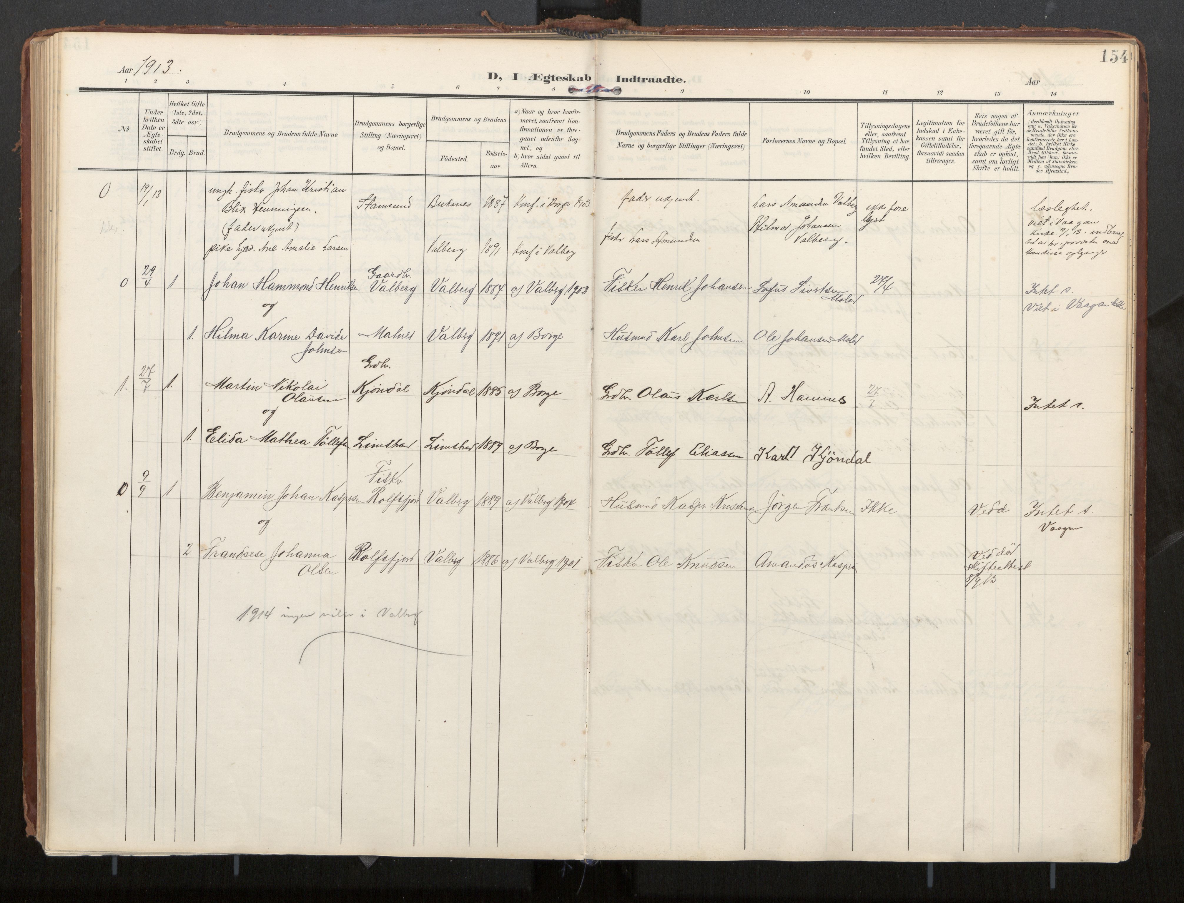 Ministerialprotokoller, klokkerbøker og fødselsregistre - Nordland, SAT/A-1459/884/L1194: Parish register (official) no. 884A02, 1906-1937, p. 154