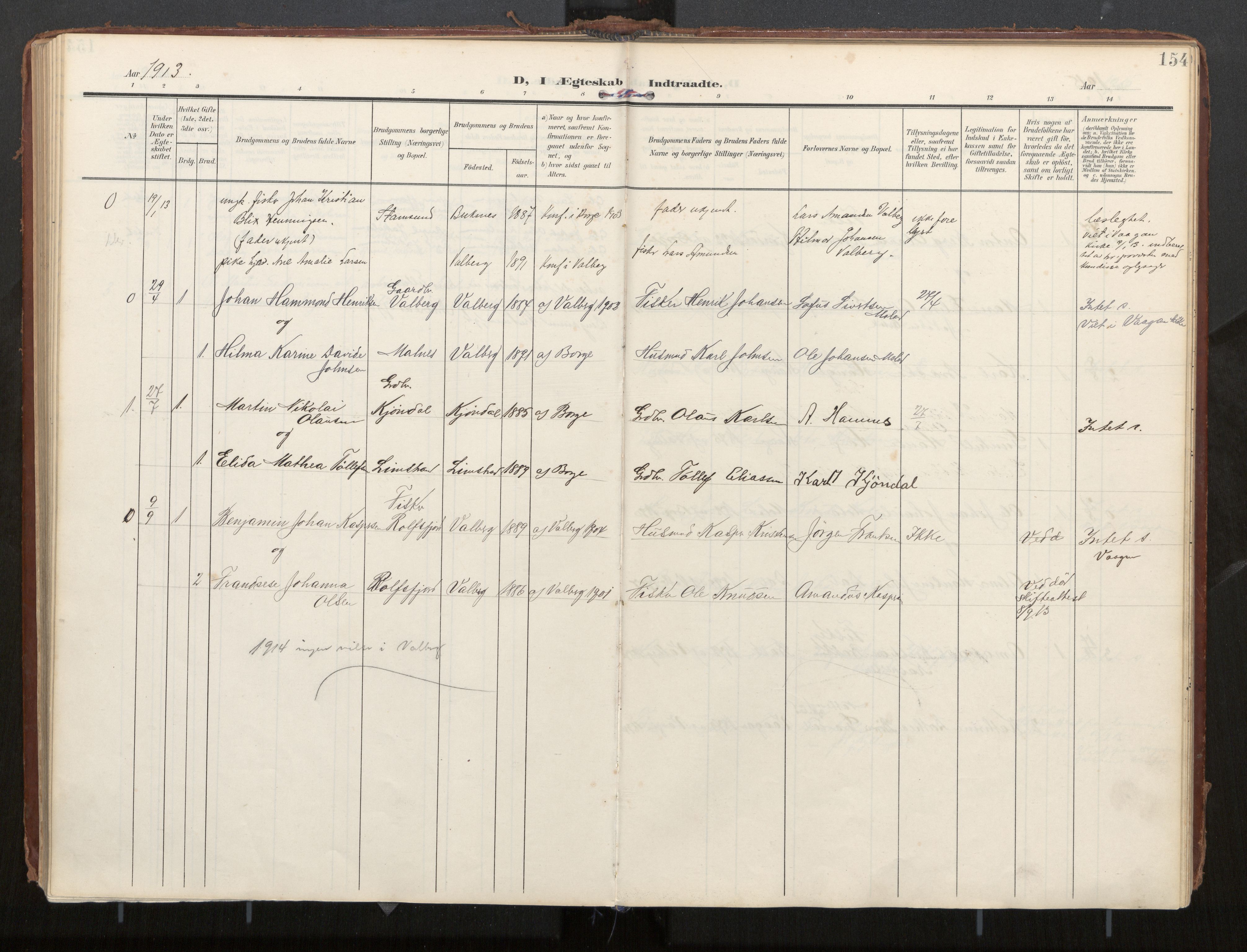 Ministerialprotokoller, klokkerbøker og fødselsregistre - Nordland, AV/SAT-A-1459/884/L1194: Parish register (official) no. 884A02, 1906-1937, p. 154