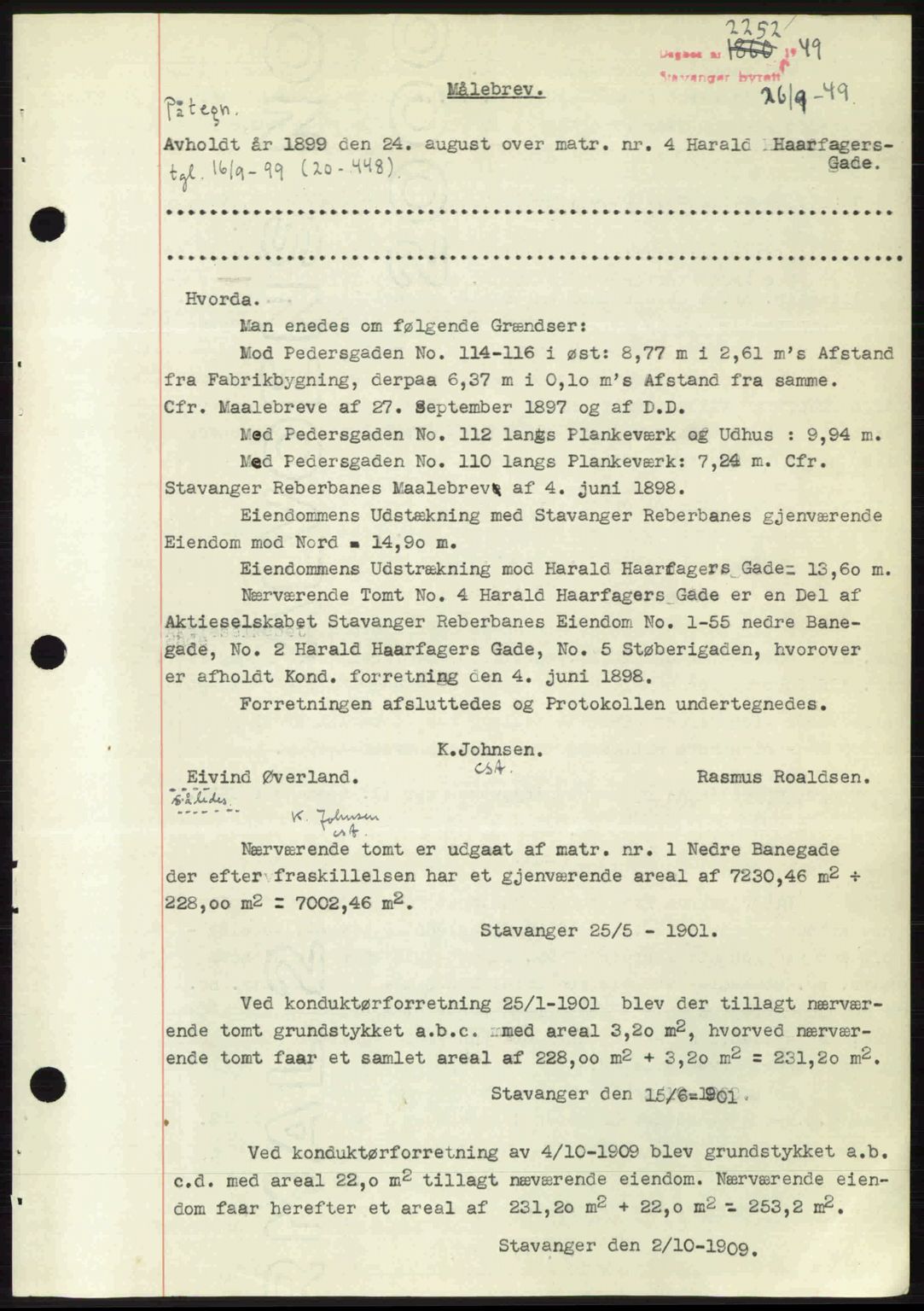 Stavanger byrett, SAST/A-100455/002/G/Gb/L0023: Mortgage book no. A12, 1948-1949, Diary no: : 2252/1949