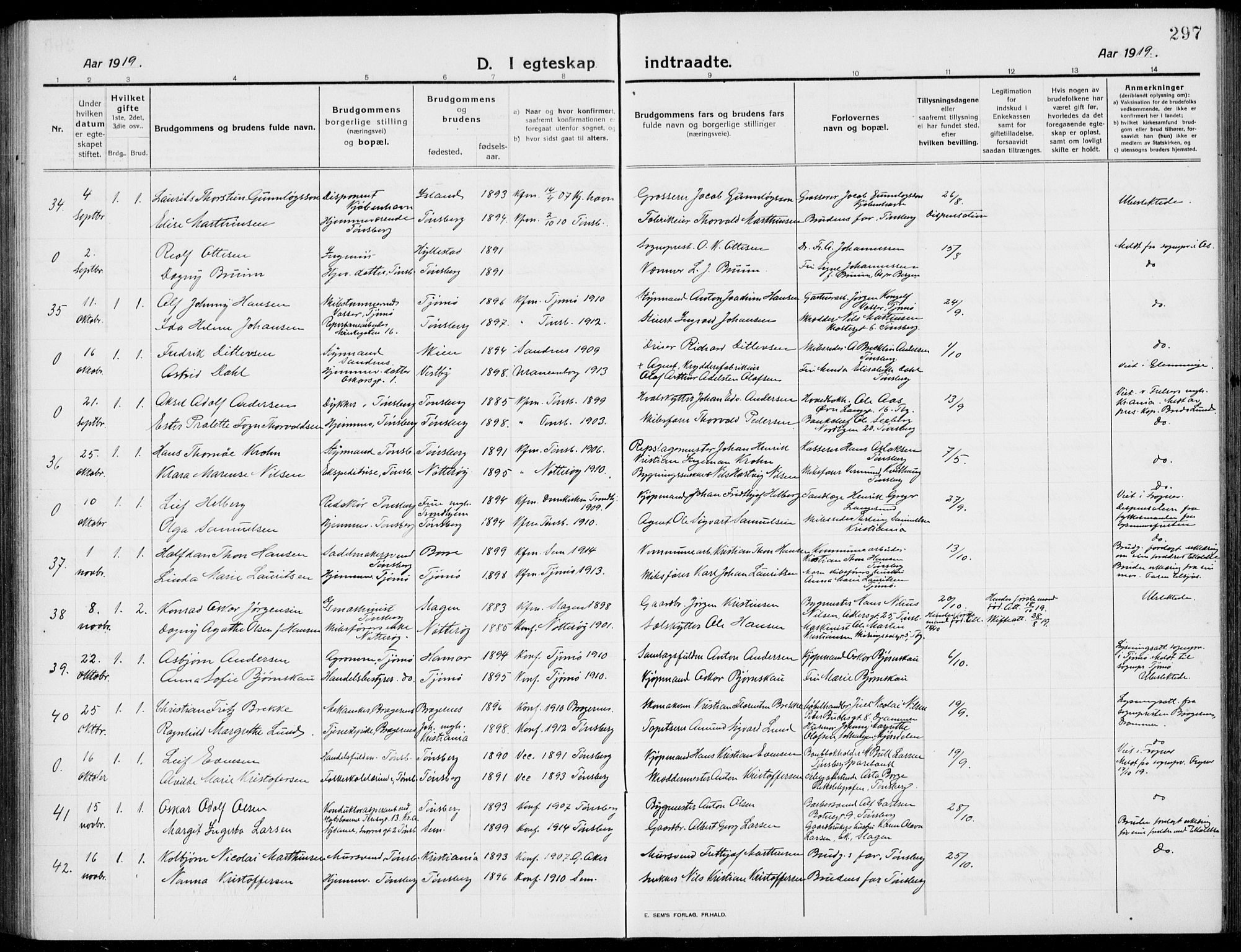 Tønsberg kirkebøker, AV/SAKO-A-330/G/Ga/L0009: Parish register (copy) no. 9, 1913-1920, p. 297