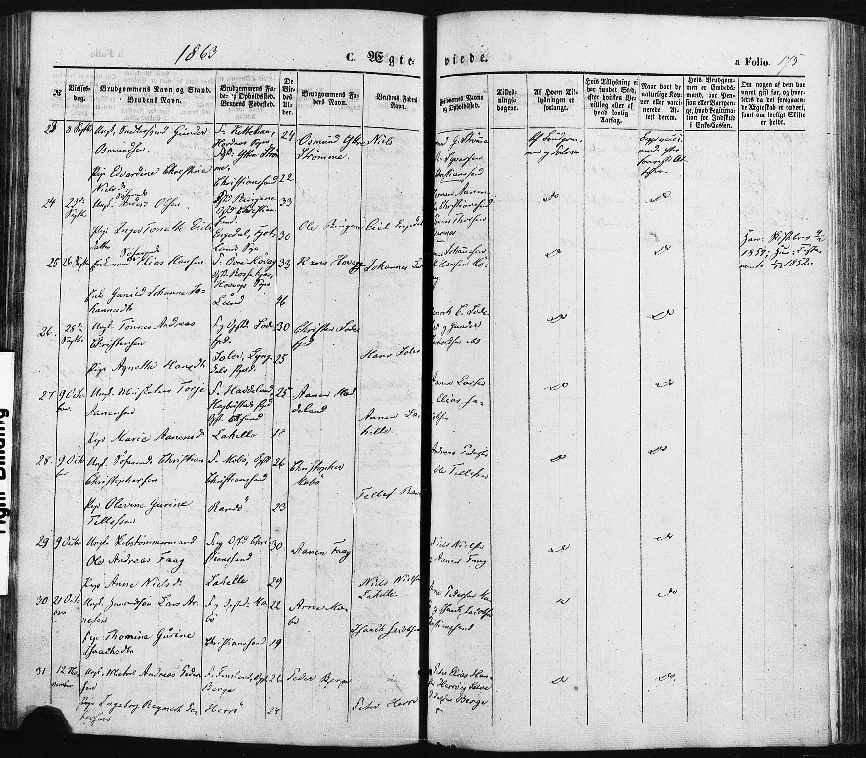 Oddernes sokneprestkontor, AV/SAK-1111-0033/F/Fa/Faa/L0007: Parish register (official) no. A 7, 1851-1863, p. 175