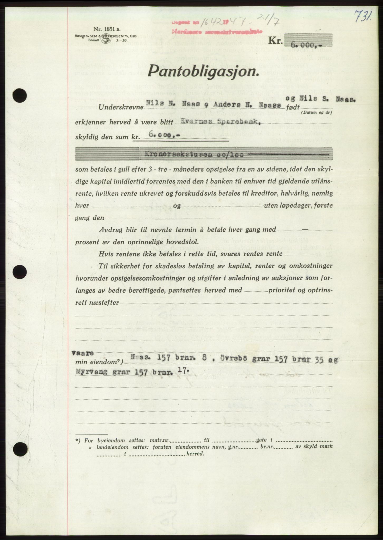 Nordmøre sorenskriveri, AV/SAT-A-4132/1/2/2Ca: Mortgage book no. B96, 1947-1947, Diary no: : 1642/1947