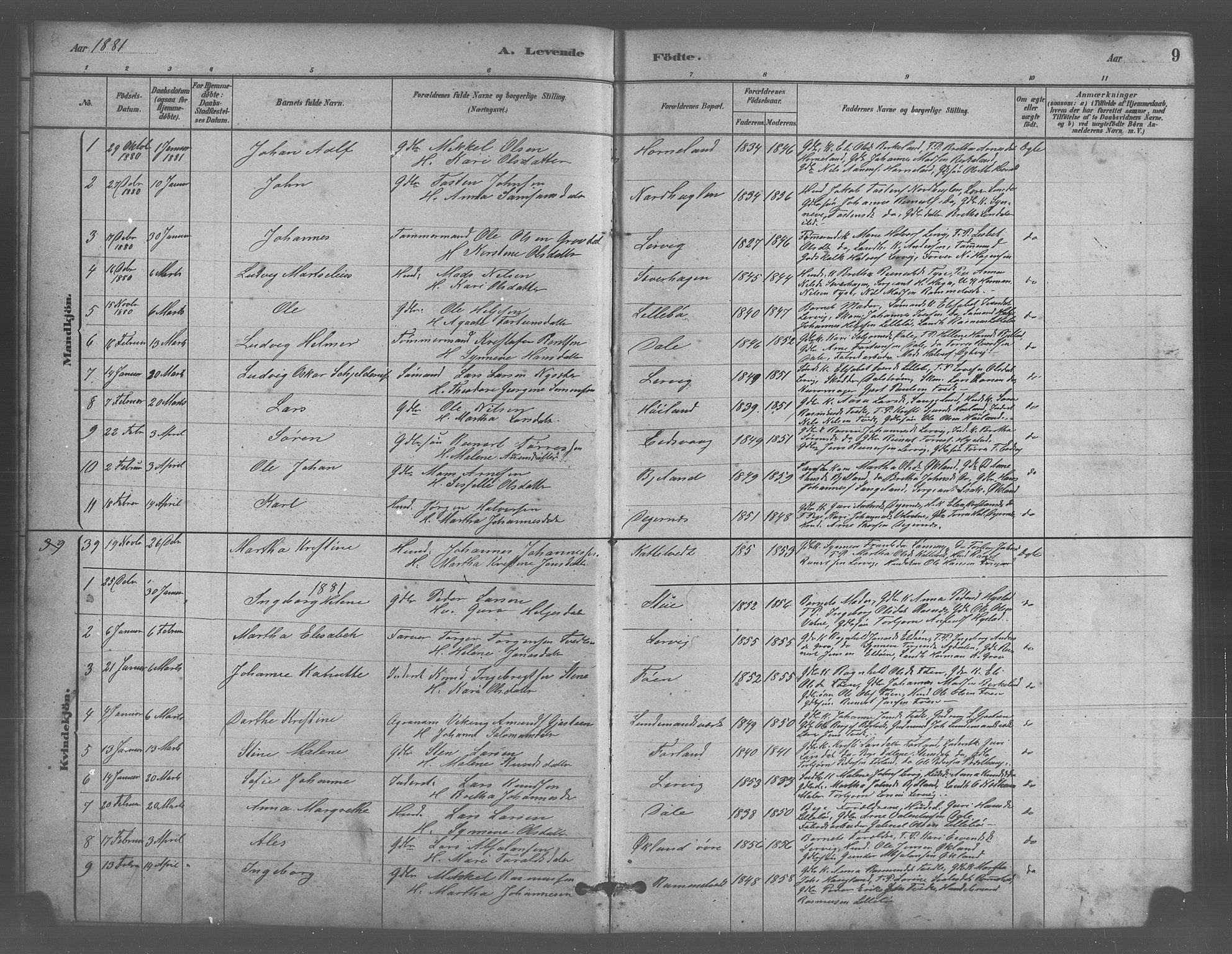 Stord sokneprestembete, SAB/A-78201/H/Hab: Parish register (copy) no. A 2, 1879-1909, p. 9