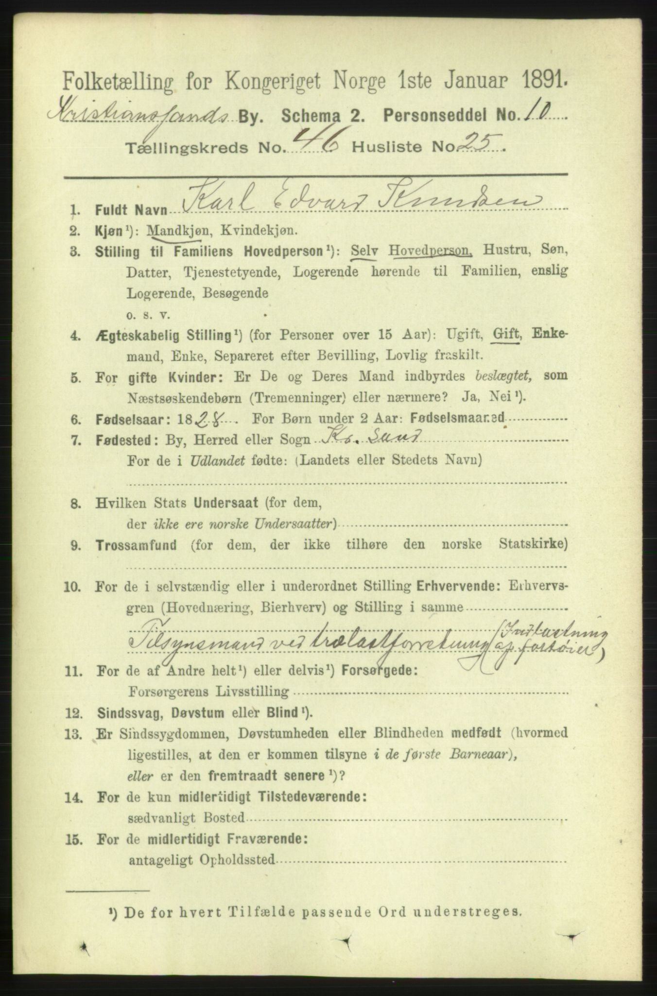 RA, 1891 census for 1001 Kristiansand, 1891, p. 14253