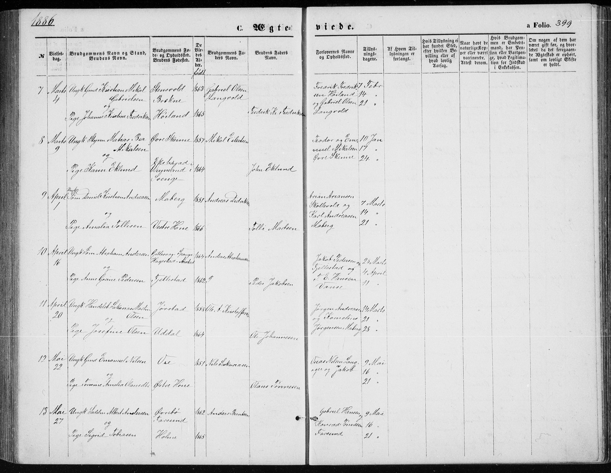 Lista sokneprestkontor, AV/SAK-1111-0027/F/Fb/L0004: Parish register (copy) no. B 4, 1877-1891, p. 399