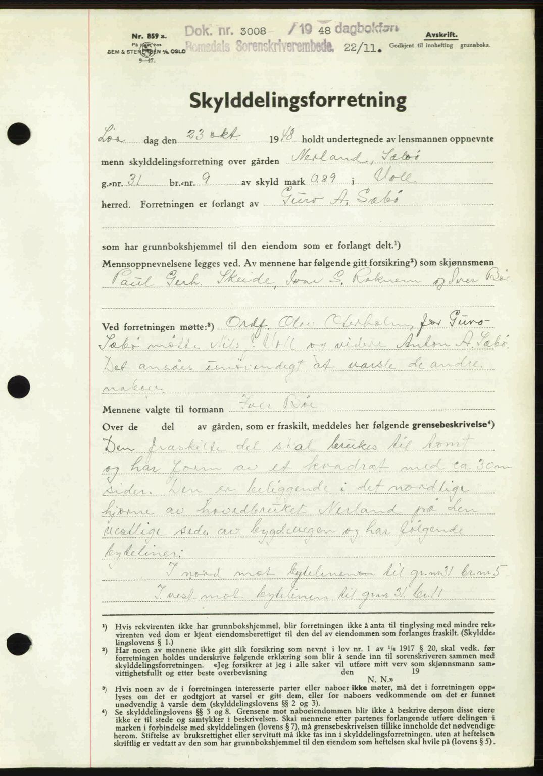 Romsdal sorenskriveri, AV/SAT-A-4149/1/2/2C: Mortgage book no. A27, 1948-1948, Diary no: : 3008/1948