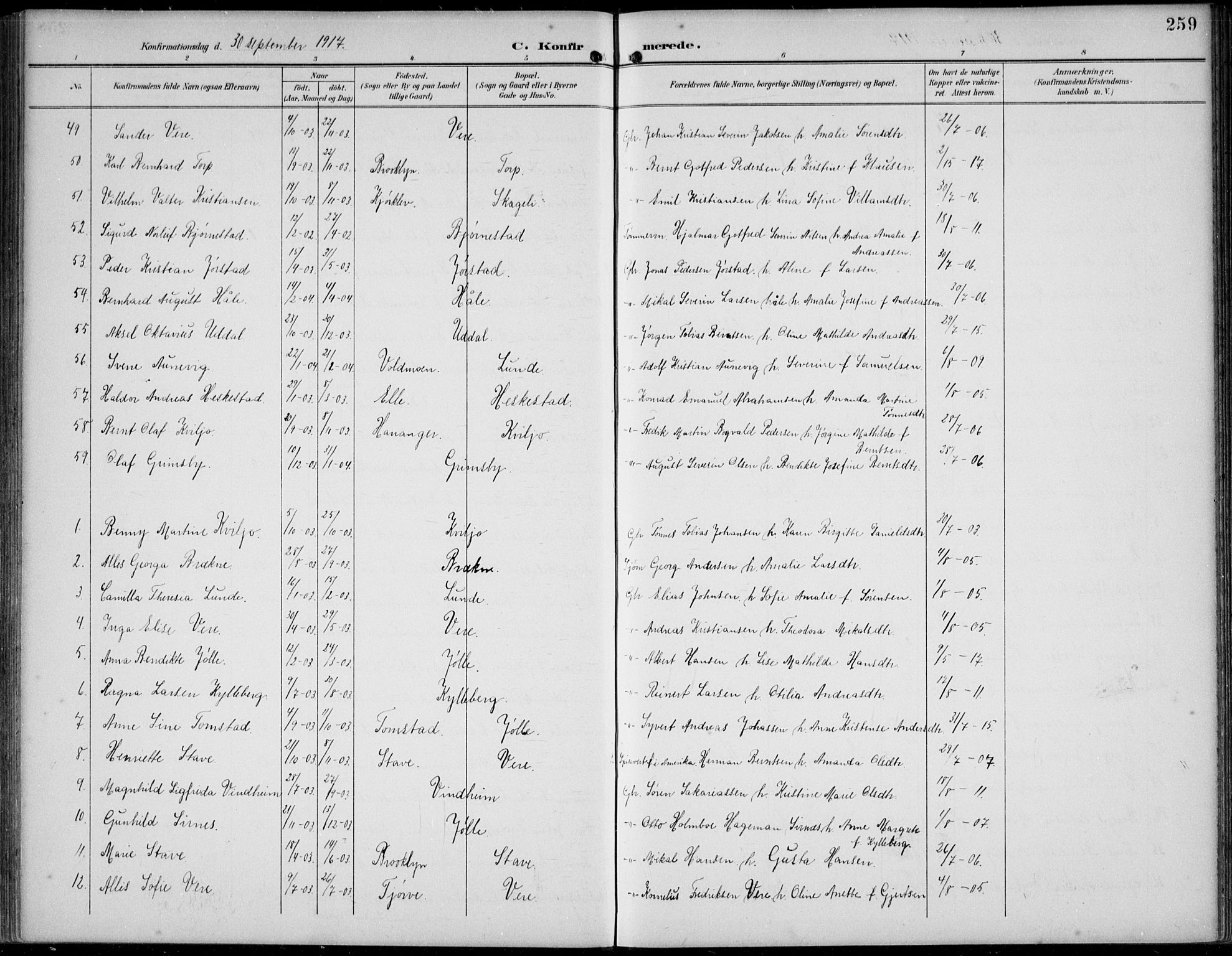 Lista sokneprestkontor, SAK/1111-0027/F/Fb/L0005: Parish register (copy) no. B 5, 1892-1923, p. 259