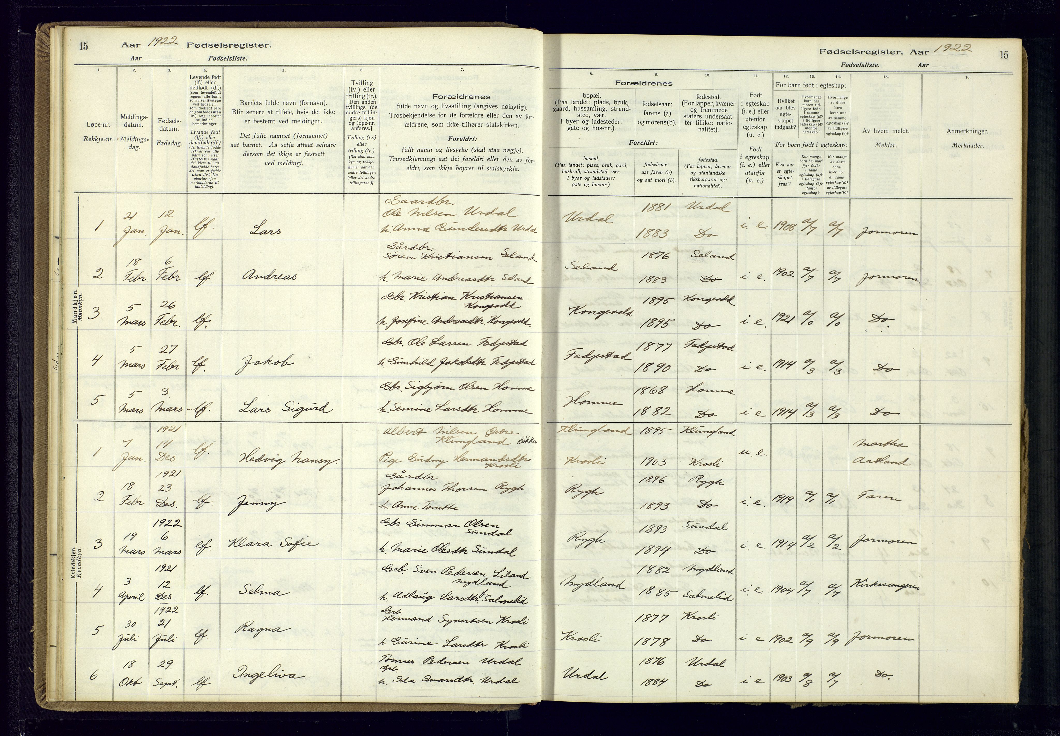 Bakke sokneprestkontor, SAK/1111-0002/J/Ja/L0002: Birth register no. A-VI-19, 1916-1982, p. 15