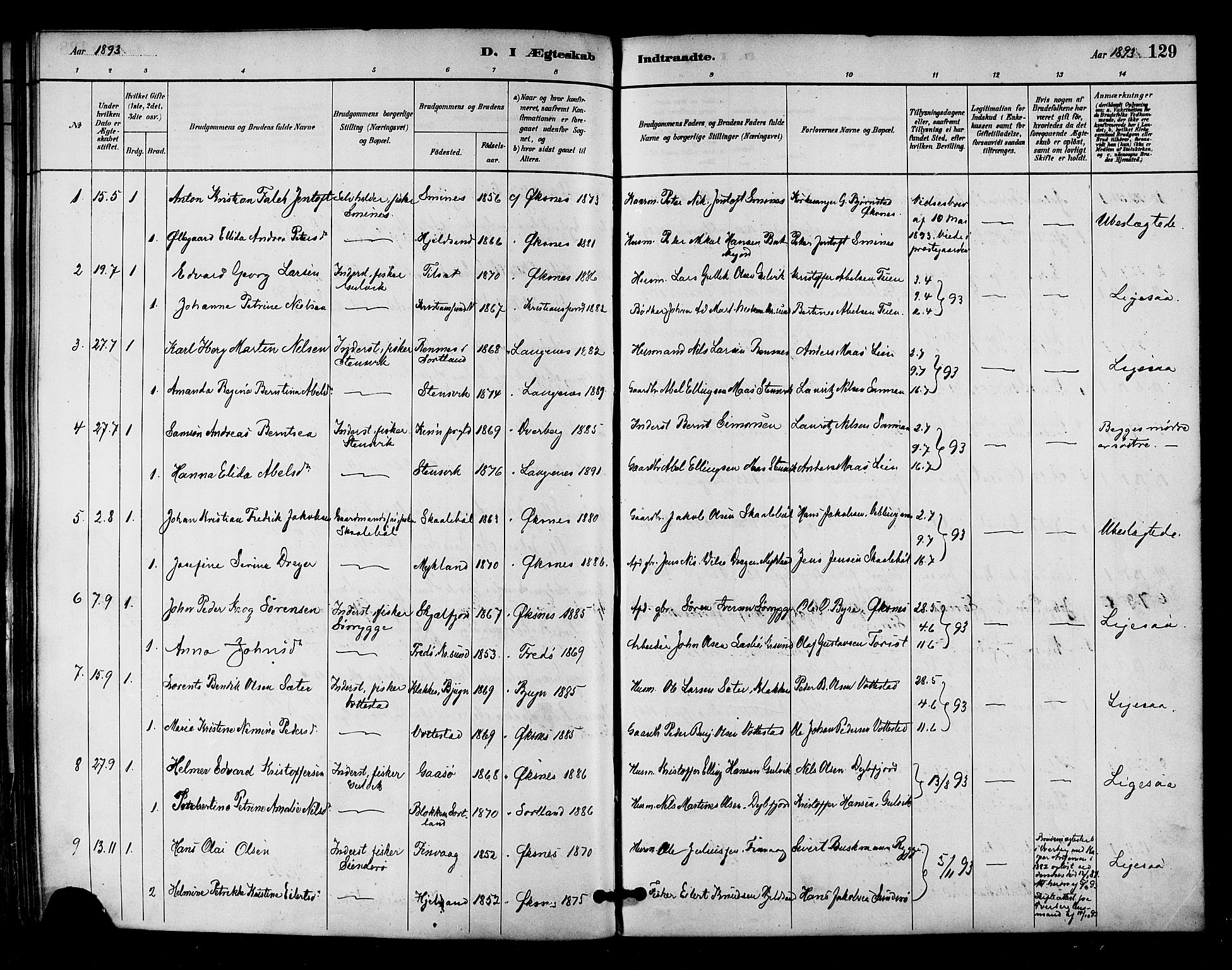 Ministerialprotokoller, klokkerbøker og fødselsregistre - Nordland, SAT/A-1459/893/L1337: Parish register (official) no. 893A09, 1885-1893, p. 129