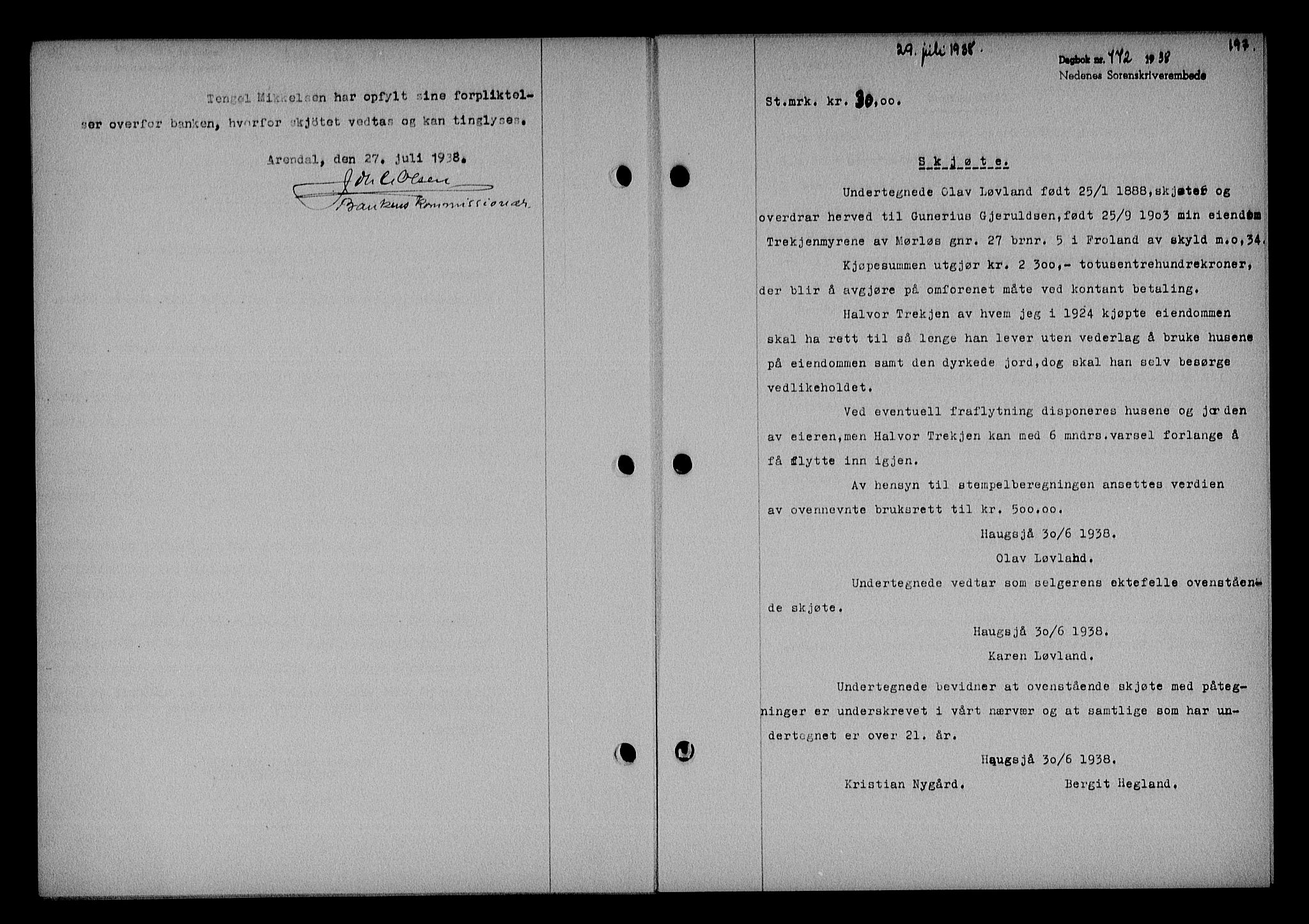 Nedenes sorenskriveri, AV/SAK-1221-0006/G/Gb/Gba/L0045: Mortgage book no. 41, 1938-1938, Diary no: : 772/1938