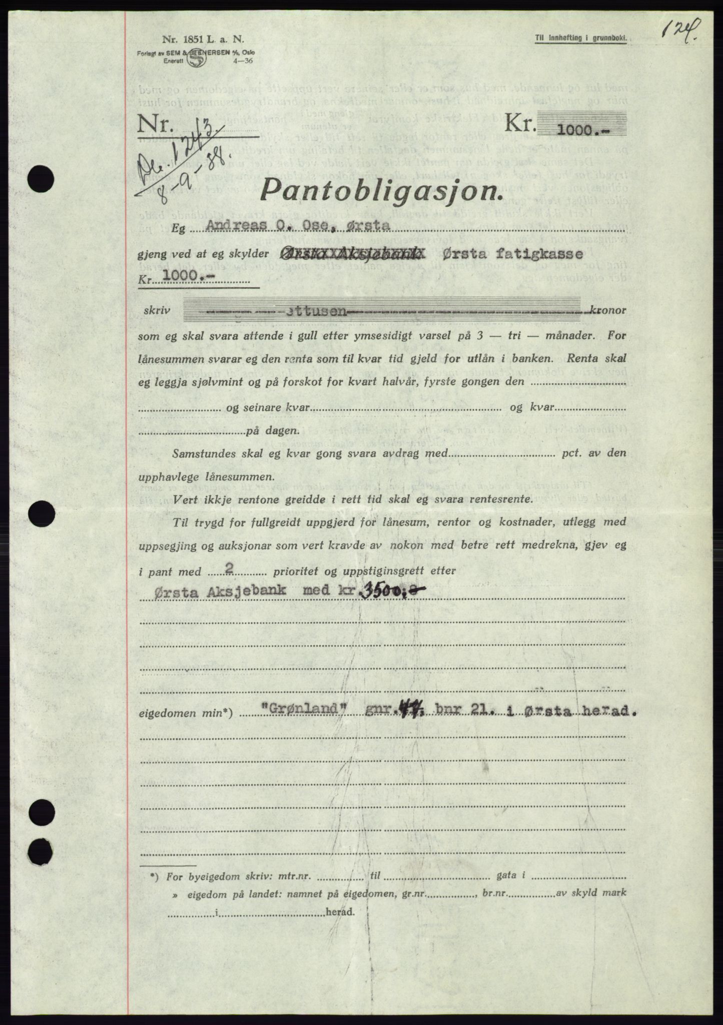 Søre Sunnmøre sorenskriveri, AV/SAT-A-4122/1/2/2C/L0066: Mortgage book no. 60, 1938-1938, Diary no: : 1243/1938