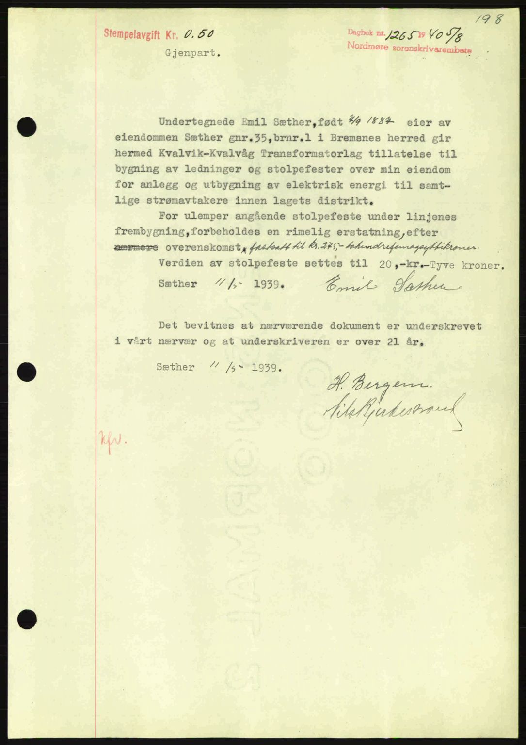 Nordmøre sorenskriveri, AV/SAT-A-4132/1/2/2Ca: Mortgage book no. B87, 1940-1941, Diary no: : 1265/1940