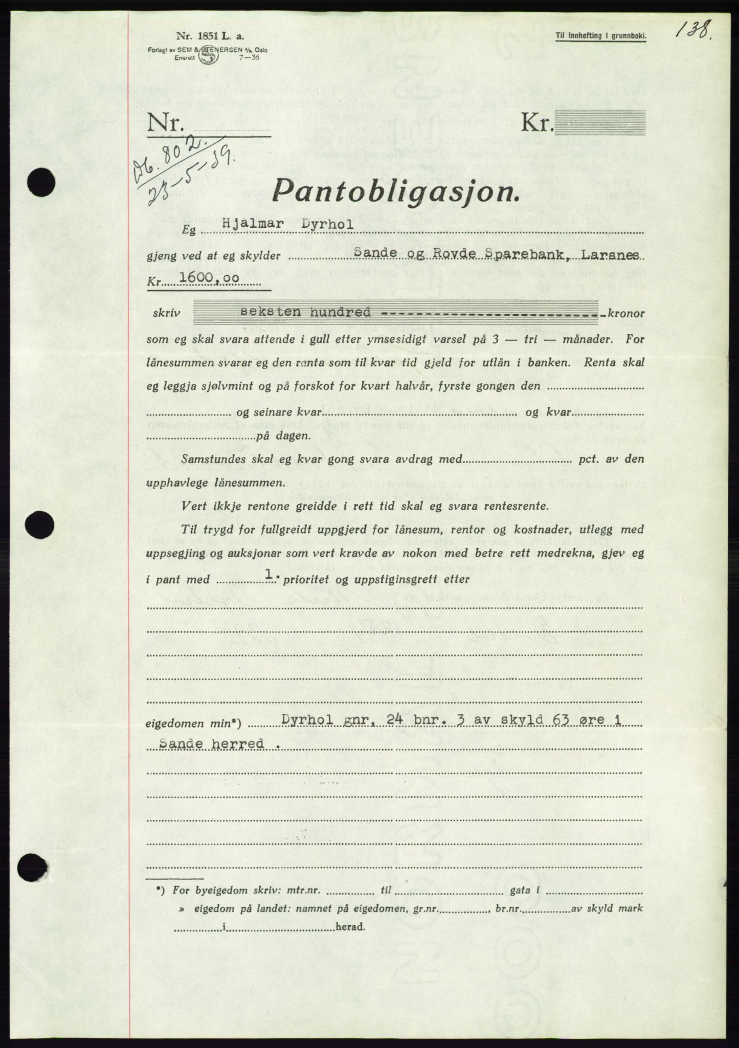 Søre Sunnmøre sorenskriveri, AV/SAT-A-4122/1/2/2C/L0068: Mortgage book no. 62, 1939-1939, Diary no: : 802/1939