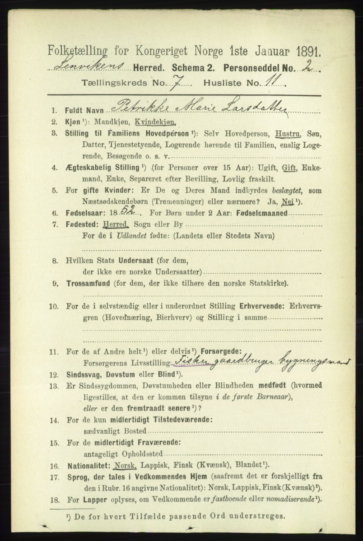 RA, 1891 census for 1931 Lenvik, 1891, p. 3837