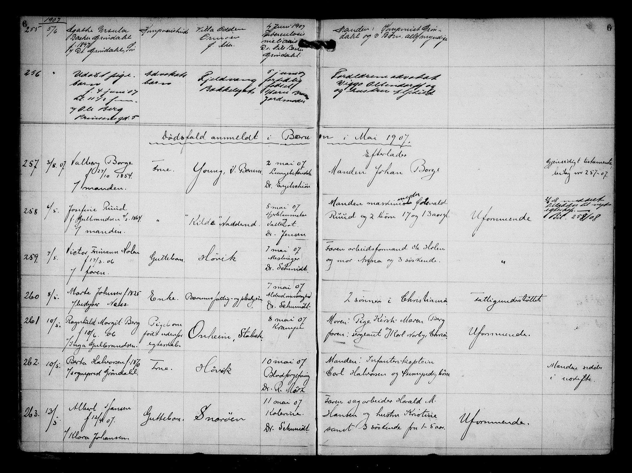 Aker kriminaldommer, skifte- og auksjonsforvalterembete, AV/SAO-A-10452/H/Hb/Hba/Hbaa/L0002: Dødsfallsprotokoll, 1907-1912, p. 6