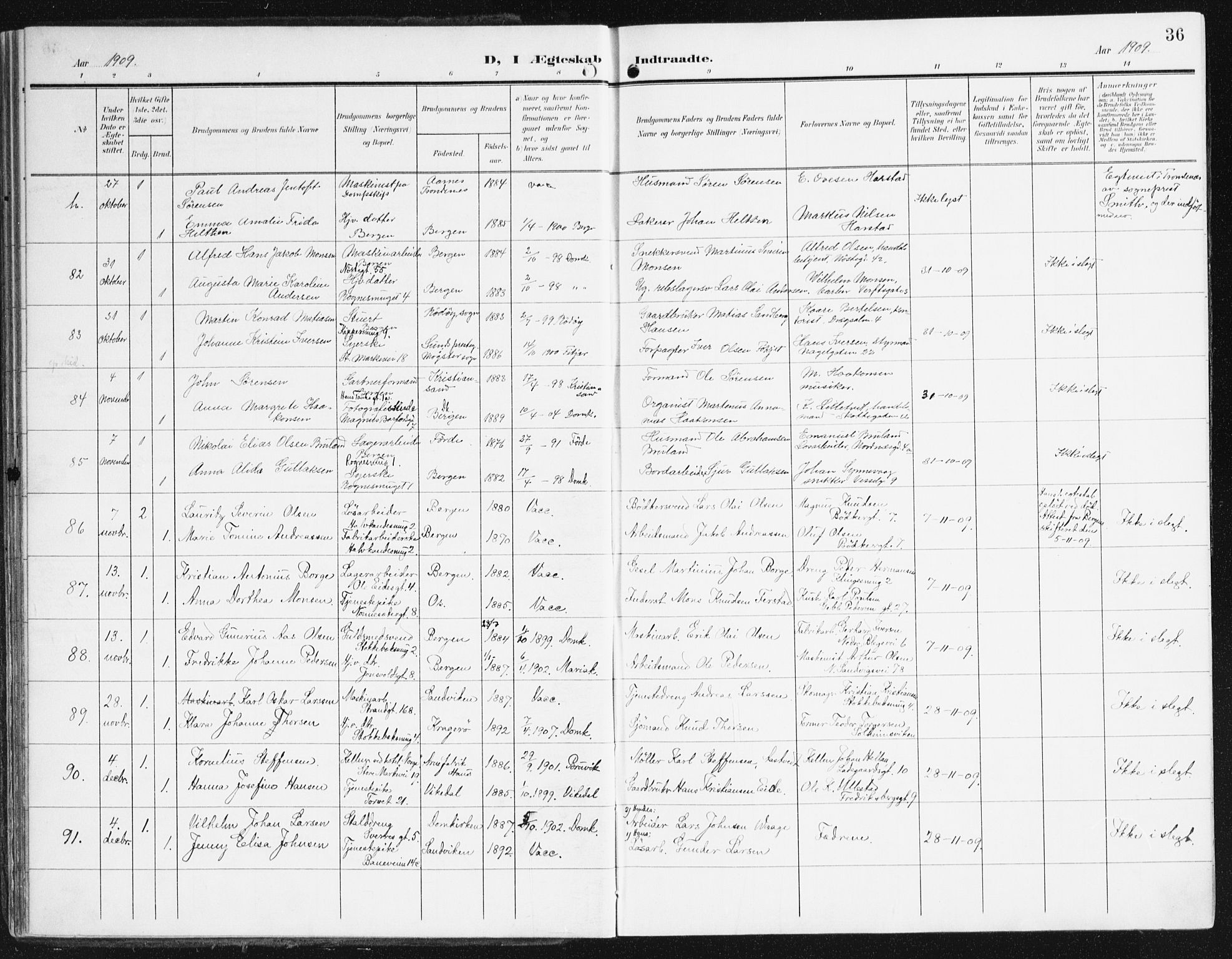 Domkirken sokneprestembete, AV/SAB-A-74801/H/Haa/L0038: Parish register (official) no. D 5, 1906-1921, p. 36