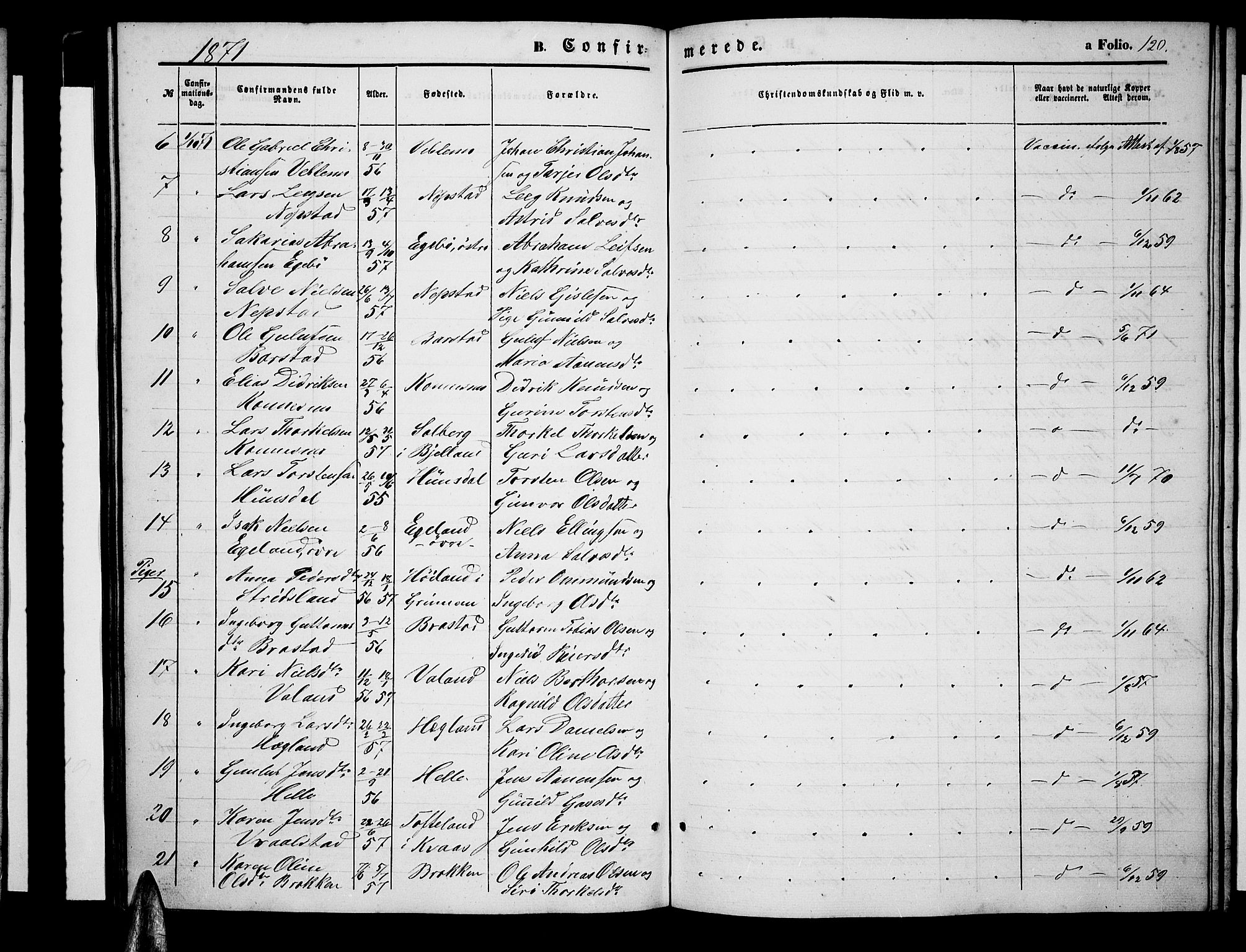 Nord-Audnedal sokneprestkontor, AV/SAK-1111-0032/F/Fb/Fba/L0002: Parish register (copy) no. B 2, 1856-1882, p. 120