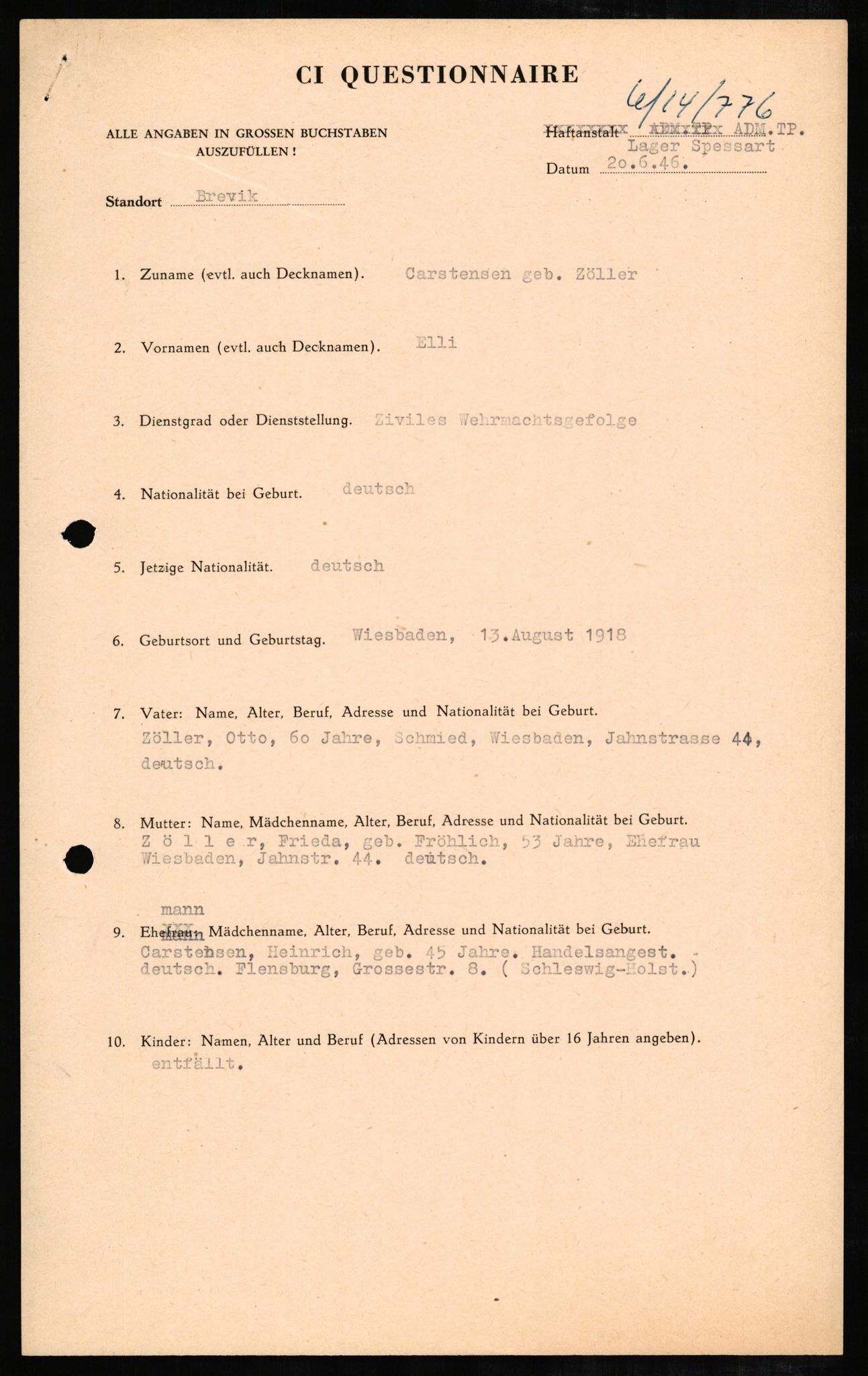 Forsvaret, Forsvarets overkommando II, AV/RA-RAFA-3915/D/Db/L0005: CI Questionaires. Tyske okkupasjonsstyrker i Norge. Tyskere., 1945-1946, p. 201