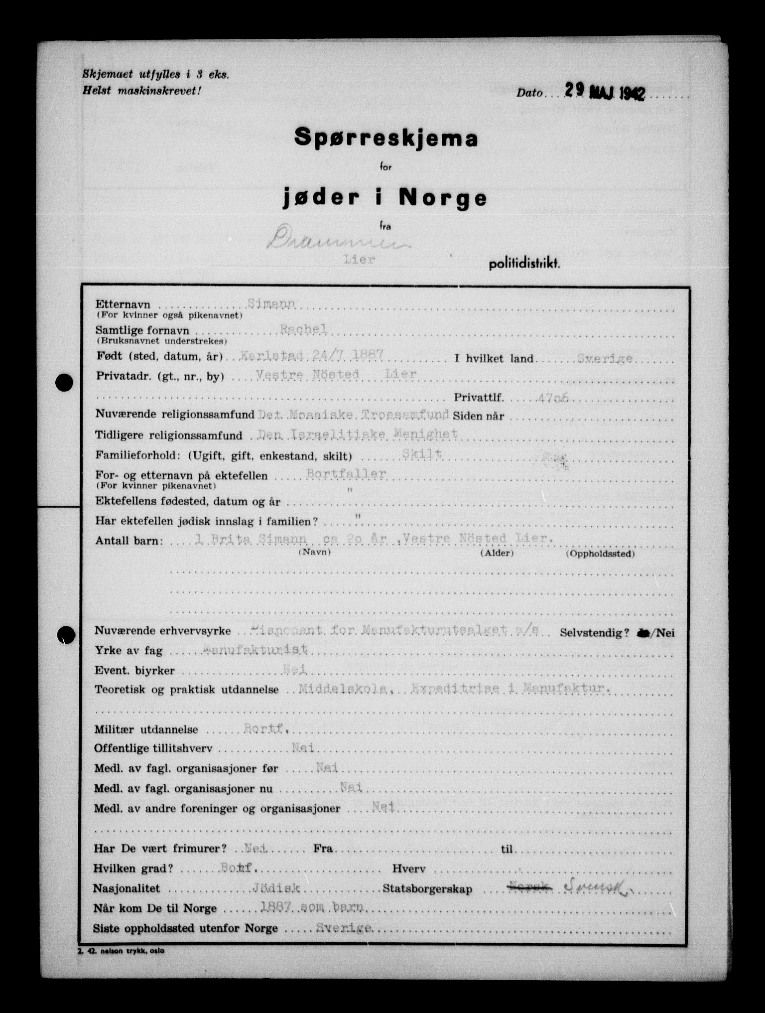 Statspolitiet - Hovedkontoret / Osloavdelingen, AV/RA-S-1329/G/Ga/L0012: Spørreskjema for jøder i Norge. 1: Aker 114- 207 (Levinson-Wozak) og 656 (Salomon). 2: Arendal-Hordaland. 3: Horten-Romerike.  , 1942, p. 414